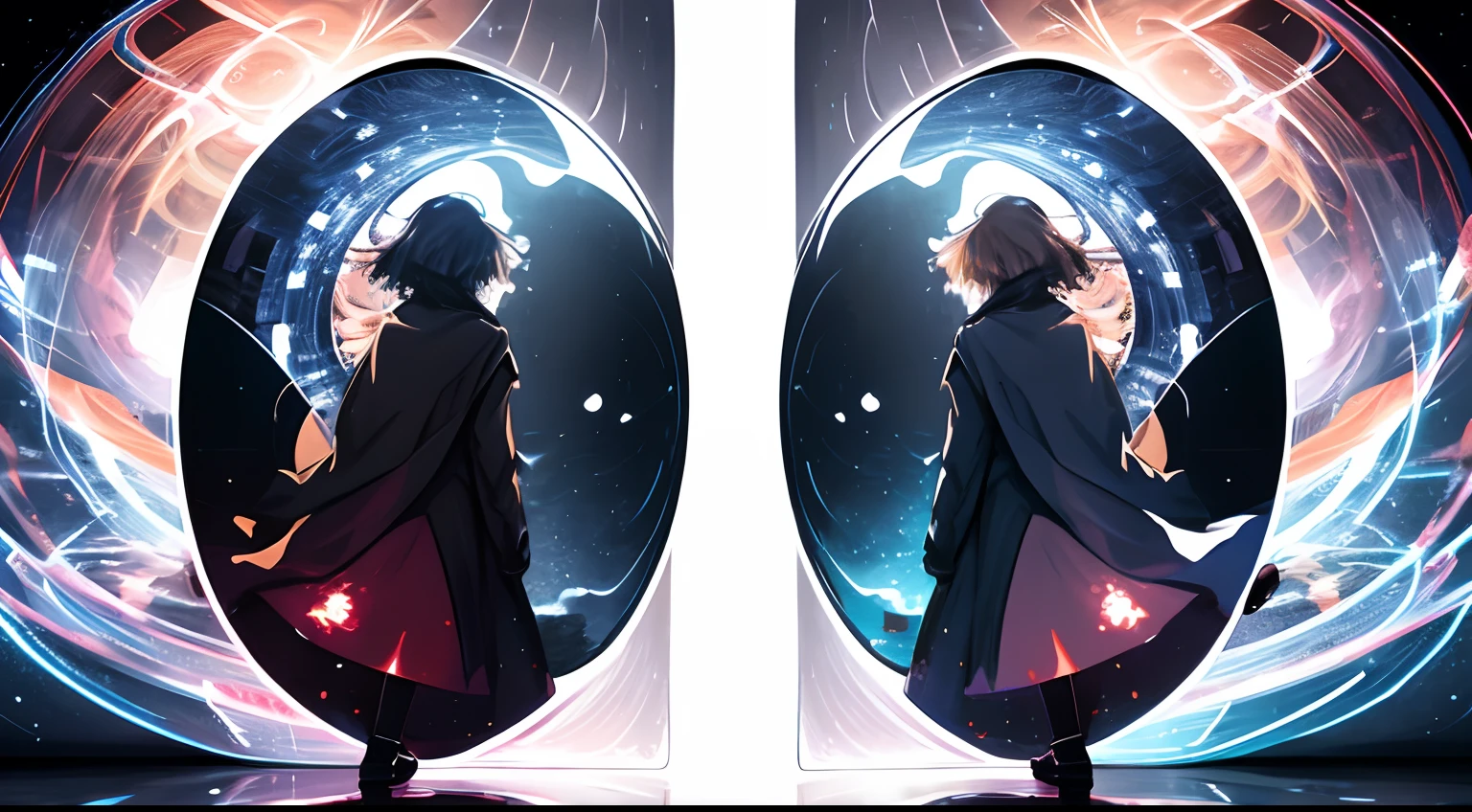 an illustration divided into two parts. On the left, show a person with a book or source of knowledge, symbolizing individual knowledge. On the right, show another person blindfolded, surrounded by dreams and illusions, representing subjective consciousness. Between the two, draw a distorting mirror to show how reality can be perceived differently by each individual according to his or her knowledge and awareness, glow effect, hyperdetailed