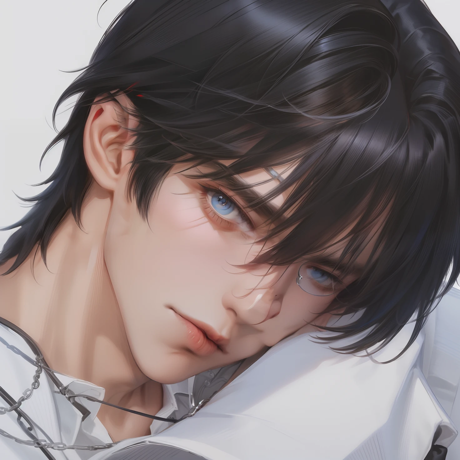 (masterpiece,best quality,ultra_detailed,highres,absurdres),1boy, male focus, solo, white and black hair,chain, shirt, black necktie, necktie, simple background, Blue eyes, upper body, vest, short hair, looking at viewer, parted lips, collared shirt, round eyewear, hand on own shoulder, black shirt, red background, brown vest, monocle, jewelry (looking away:1.2)