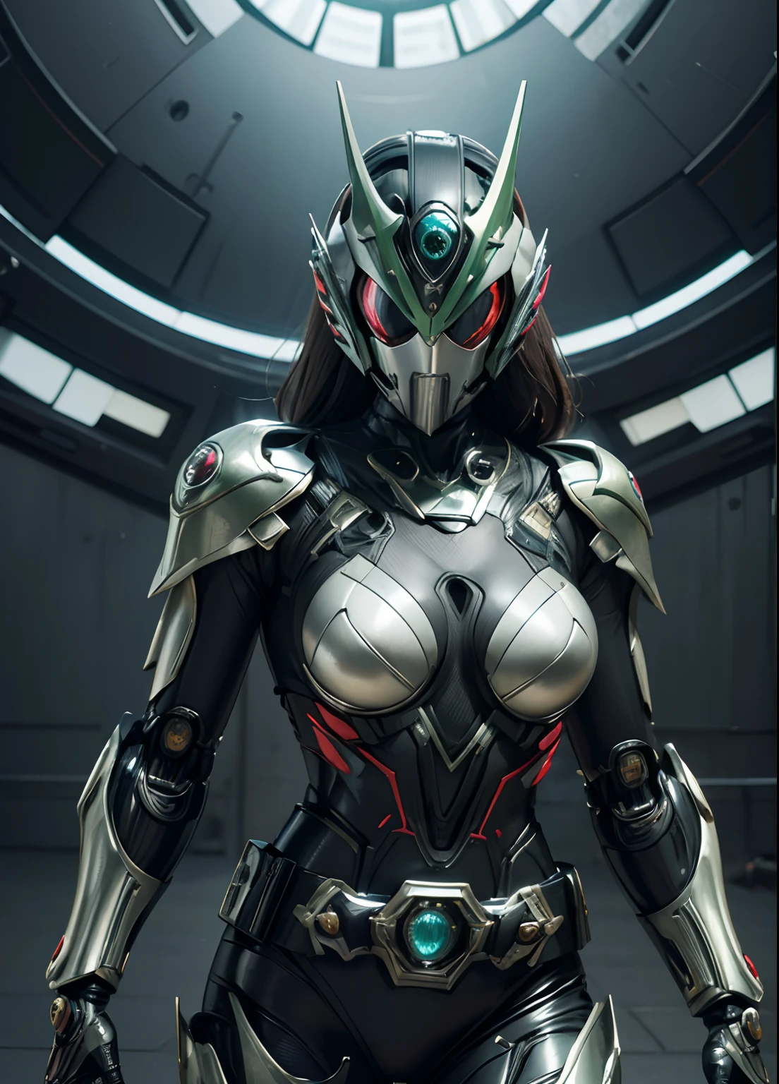 Textured skin, Super Detail, high details, High quality, Best Quality, hight resolution, 1080p, hard disk, Gorgeous beauty,(Kamen Rider),(mask off),(Female Riders),body suit,battle suits,Transformation Belt,Battle Mode,Metal,Transform into Kamen Rider,cyborgs