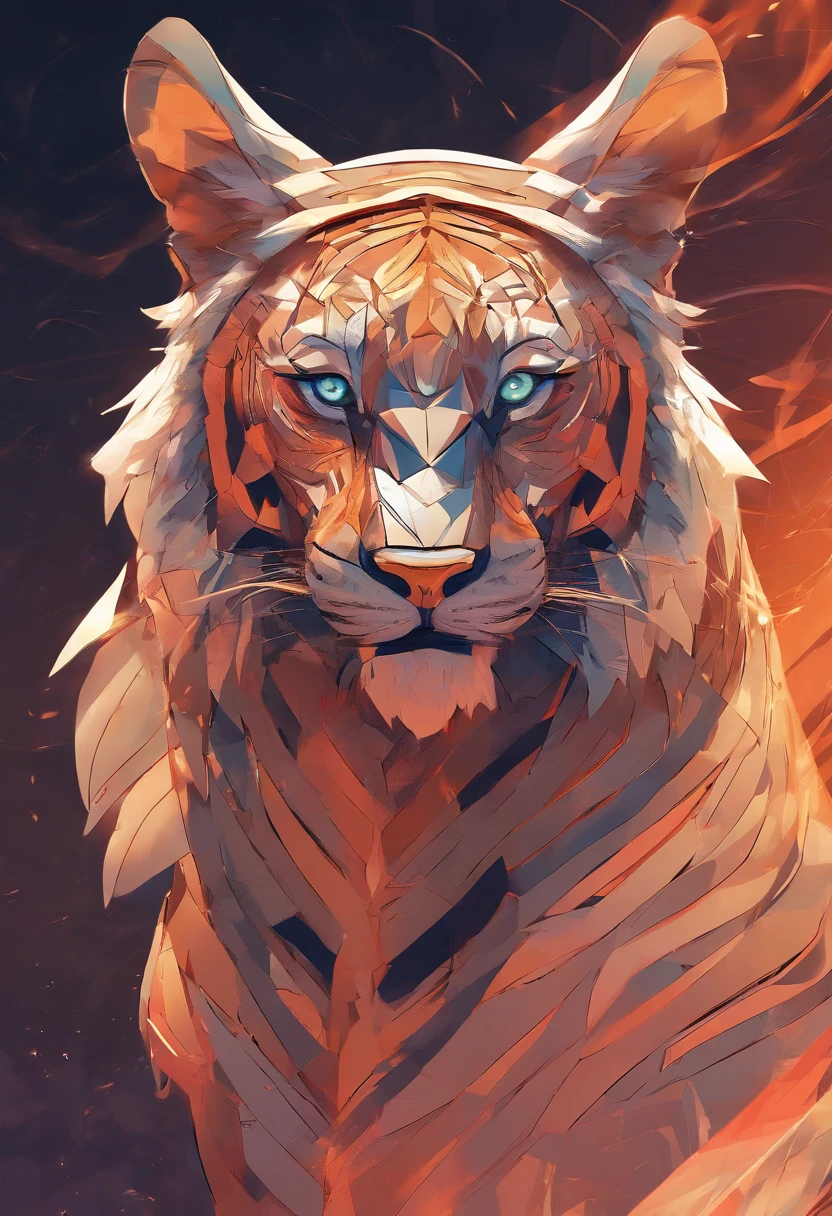A humanoid tiger stands majestically in front of the beautiful sunset. Warm light illuminates its intricate features, Accentuate the delicate fur pattern and flattering eyes. The tiger's posture exudes confidence and elegance, It holds its head high,The breeze blows its fur. The scene is rendered with a mesmerizing light wave effect, Create a fantastic atmosphere. The overall image is very detailed, A complex game,The fine texture of the wolf fur as well as the shadows and light are on display.