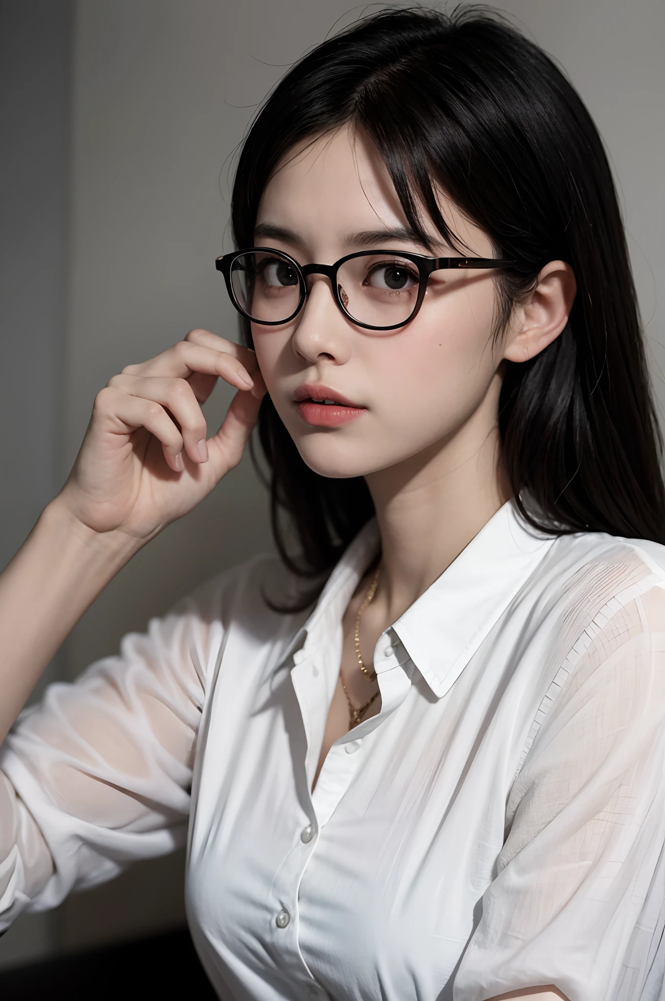 there is a woman with glasses and a white shirt posing for a picture, with glasses, spectacled, with glasses on, taken with a pentax k1000, 奈良美智, with black eyeglasses, taken with a pentax1000, without glasses, rinko kawauchi