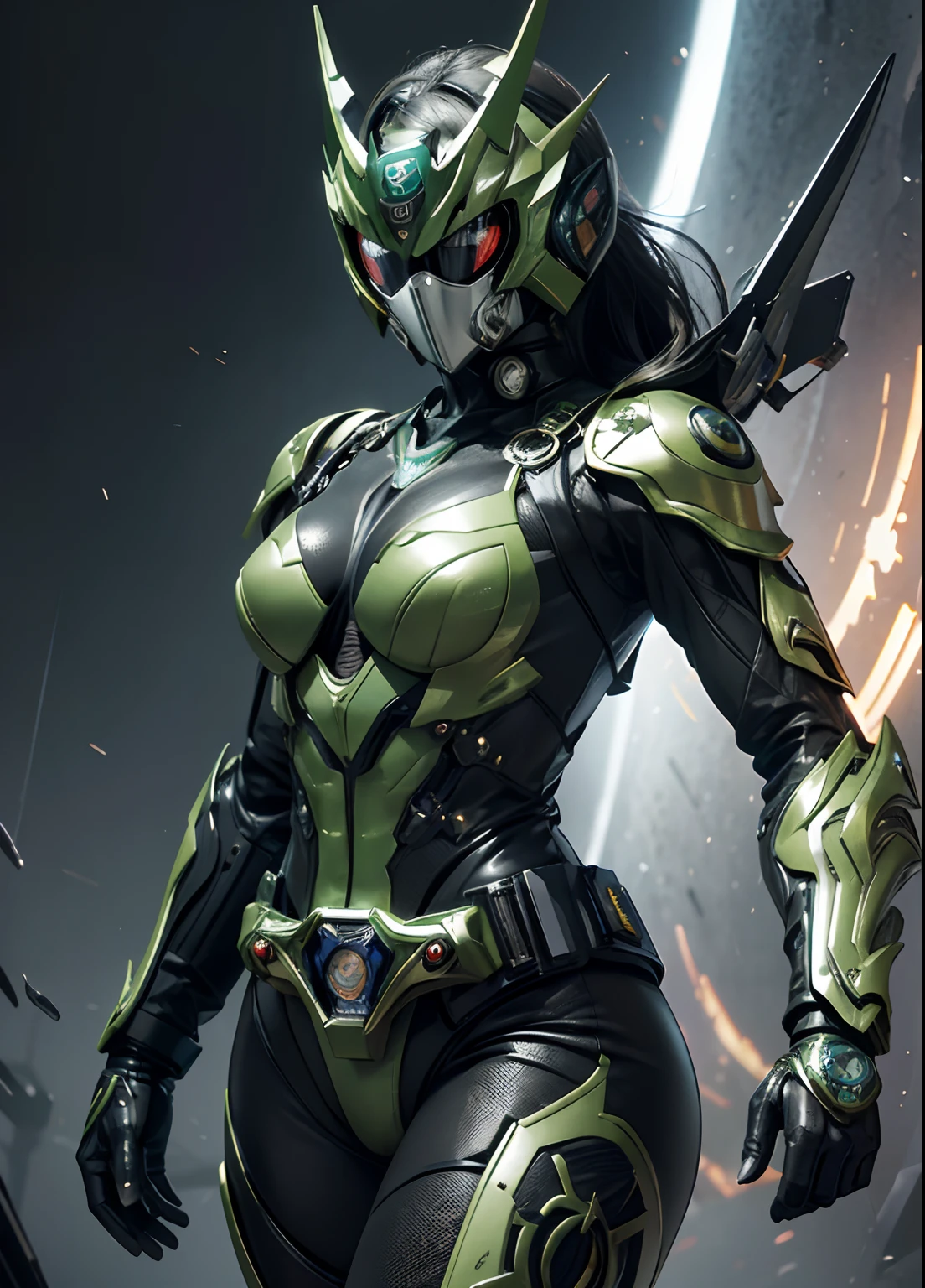 Textured skin, Super Detail, high details, High quality, Best Quality, hight resolution, 1080p, hard disk, Gorgeous beauty,(Kamen Rider),(mask off),(Female Riders),body suit,battle suits,Transformation Belt,Battle Mode,Metal,Transform into Kamen Rider,cyborgs