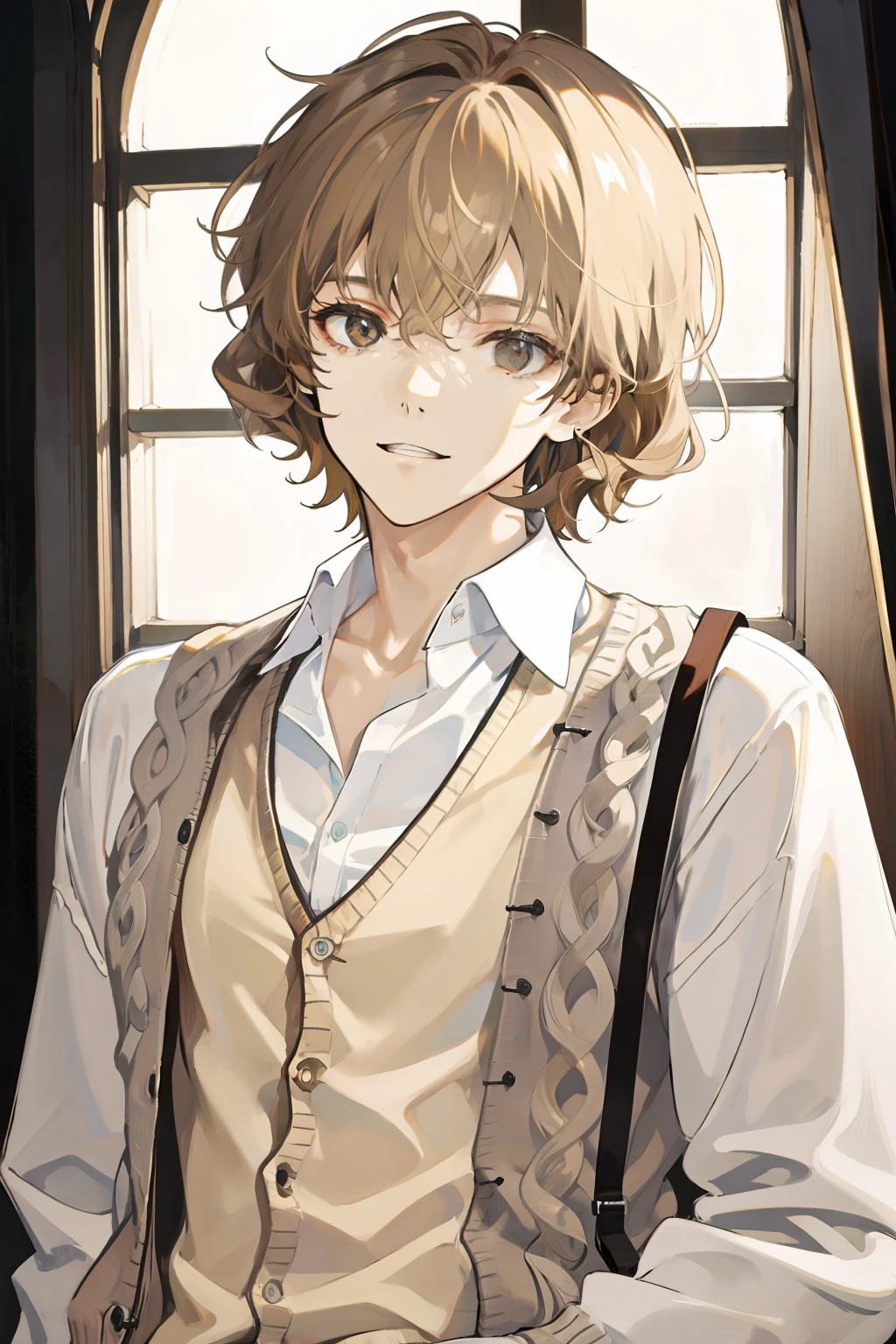 A teenager with short curly light brown hair,Libido boy,It's not a smile,Light-colored cardigan