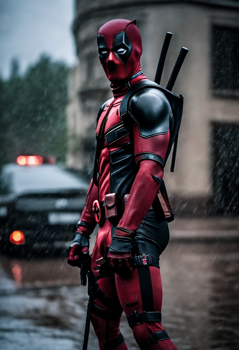 Visually stunning detailed photo style Deadpool with visible erect penis, wet in the rain, perverted pose