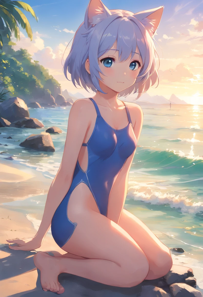 Cat-eared girl in swimsuit,Sit on the shore, Break,silber hair,eBlue eyes,(((Sleeveless))),(((Barefoot))), in dress, small curvaceous loliviz-style artwork, Guweiz in Pixiv ArtStation, Guweiz on ArtStation Pixiv, Guviz, small loli giroft anime illustration, Anime visuals of cute girls, Detailed digital anime art, naked