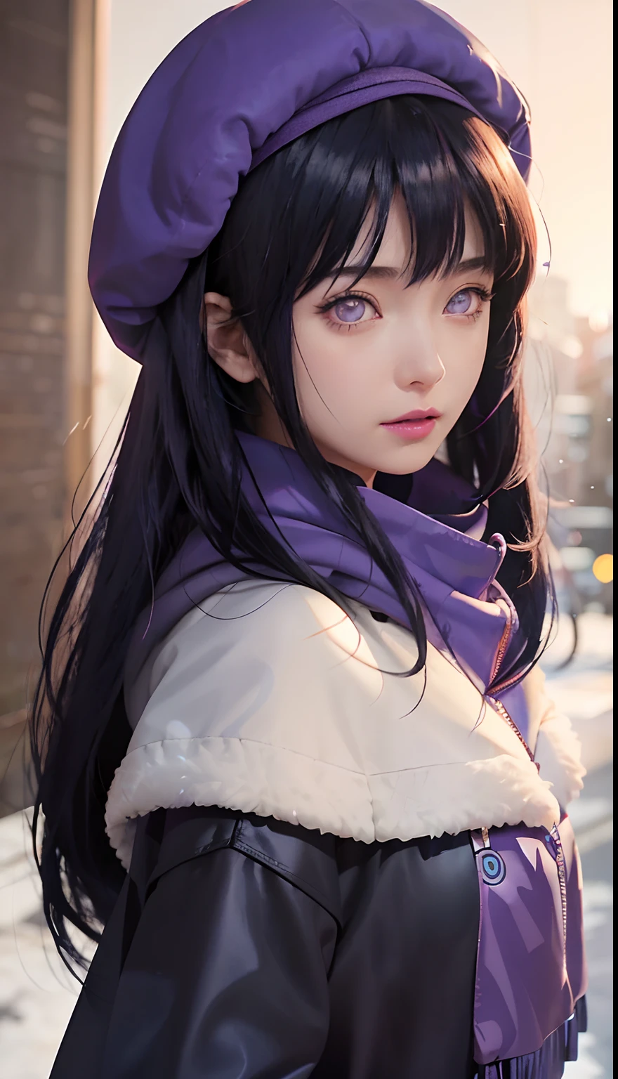 a close up of a person with long hair and a hoodie, hinata hyuga, hinata hyuga from naruto, from naruto, as an anime character, perfect anime face, she has dark blue hair with bangs, female anime character, anime character, anime best girl, hime cut hairstyle, dark blue hair, (red glossy lips:1.3), light purple eyes ,realistic