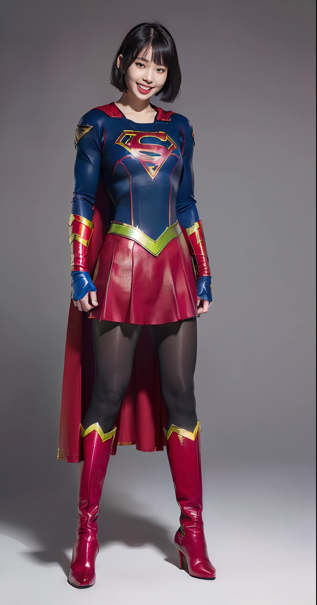 Asian Beautiful Girl、Bloody、Bleeding、Bloodbath and suffering、Done、defeated、Defeated by enemies、(((Wear black tights on your beautiful legs.)))、(((beauty legs)))、(((facial expression of smile)))、((((Make the most of the original image)))、(((Supergirl Costume)))、(((Beautiful short hair、The hair)))、(((Suffering)))、(((Feet must necessarily be worn with black tights)))、(((You need to wear red boots)))、((Top image quality、8K))、((top-quality、8K、masterpiece:1.3))、(((Keep your background simple)))、Crisp focus:1.2、Beautiful woman with perfect body shape:1.4、Slender Abs:1.2、a wet body:1.5、Highly detailed facial and skin texture、8K