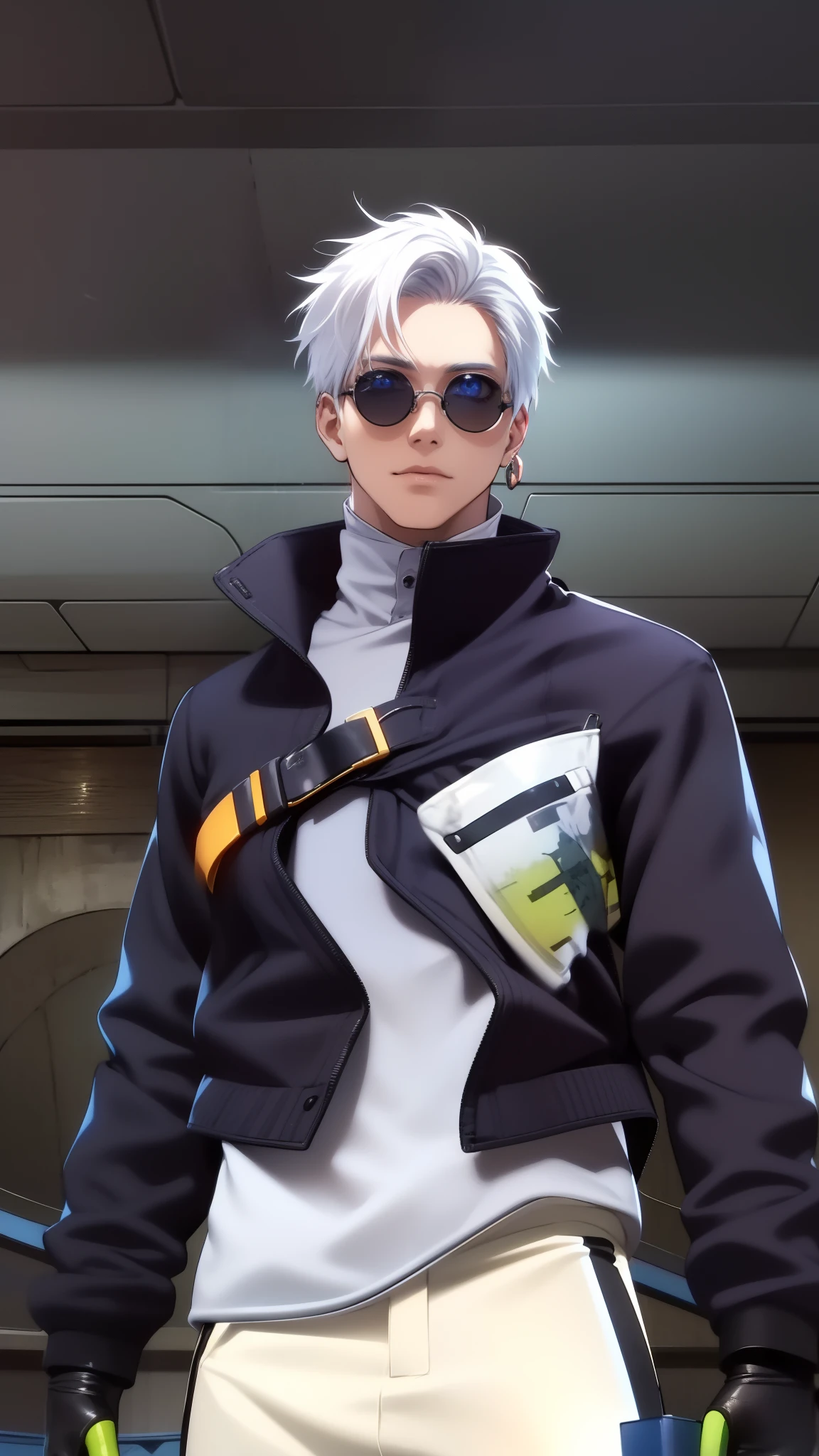 ((High detail、Cinematic lighting))、messy white hair、aquamarine eyes、white lashes、raios de deus、ray tracing、sombra projetada、optical illusion、Parte superior do corpo、looking at the camera、master part、((Super Detalhe、best quality、8k))、Jujutsu Kaisen、Gojo Gojo、Traje preto、Surgical deployment、Fundo preto do jato perfeito、olhar sereno、Ser Poderoso、mystic atmosphere、(Estranho luar、Ominous shadows、 Aura azul intensa、 Aura vermelha intensa、Symbol of the power that surrounds you、Radiating Magical Energy、Mystical artifacts、Ether particles、dinamic pose、Epic Soundtrack、a sense of wonder、(((Detailed hand)))、Sunglass