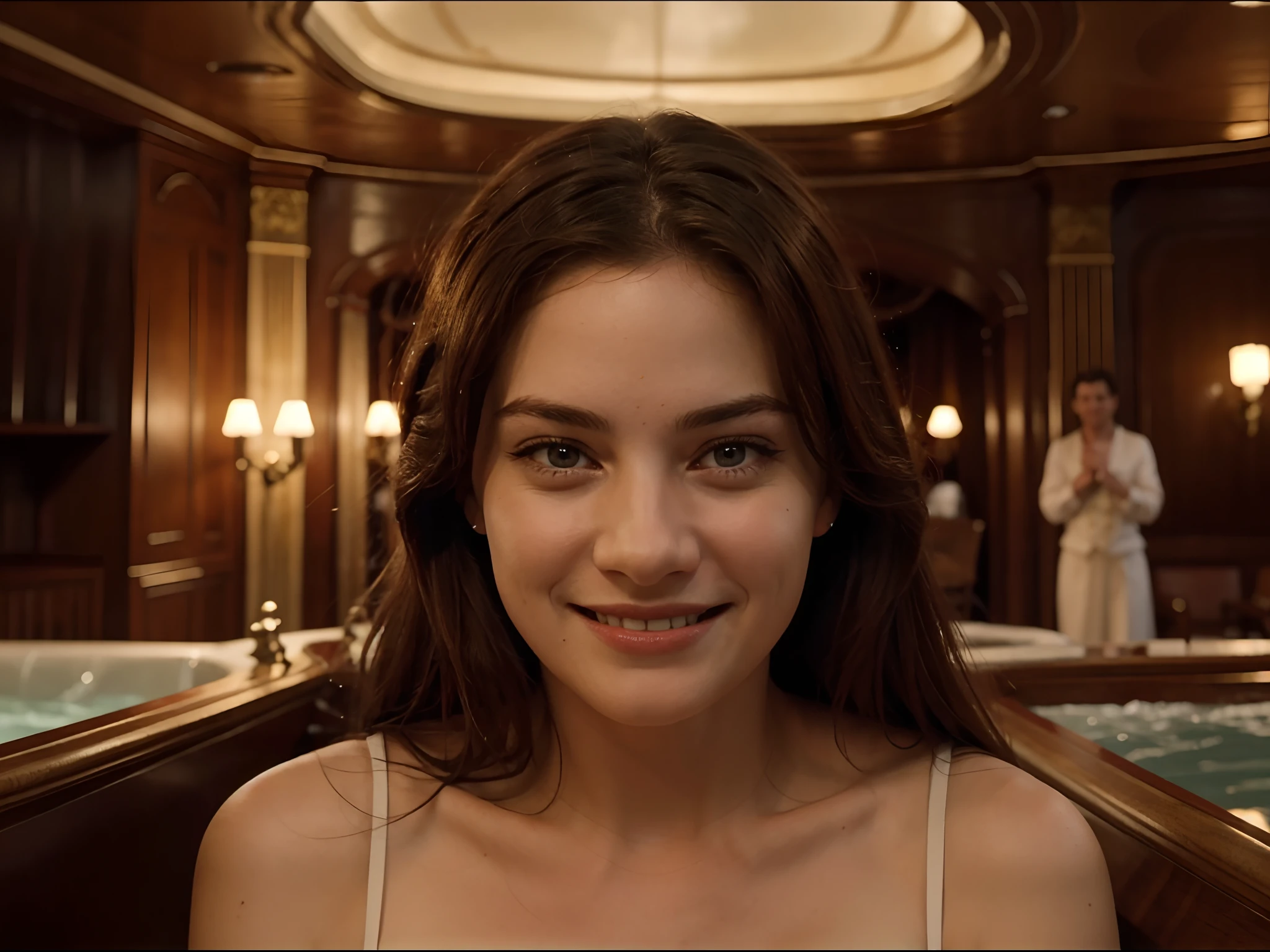 If the ending of the movie Titanic was a happy ending, please show me a picture of the happy ending with the real faces of the movie characters.