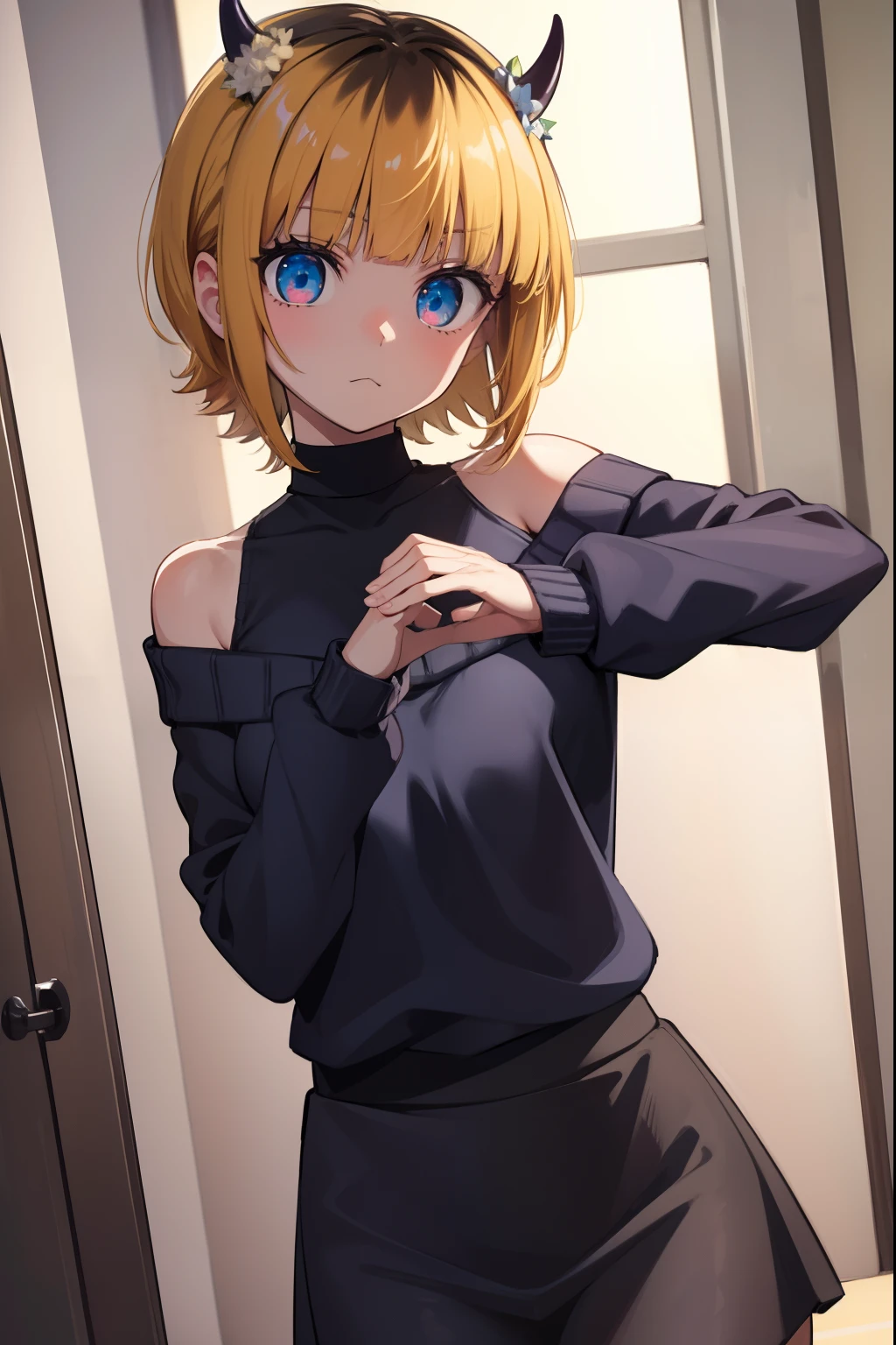 memcho, memcho, blonde hair, blue eyes, blunt bangs, demon horns, fake horns, horns, short hair,
BREAK bare shoulders, black skirt, (blue sweater:1.5), long sleeves, off shoulder, off-shoulder sweater, puffy sleeves, skirt, sweater, white ribbon,
BREAK looking at viewer,
BREAK indoors,
BREAK (masterpiece:1.2), best quality, high resolution, unity 8k wallpaper, (illustration:0.8), (beautiful detailed eyes:1.6), extremely detailed face, perfect lighting, extremely detailed CG, (perfect hands, perfect anatomy),