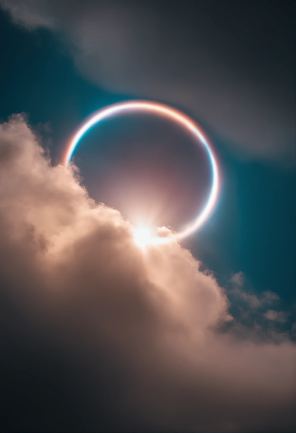 Close up of iridescent circle in the sky, ethereal rainbows, Rainbow clouds, A very colorful heaven, Rainbow clouds, Holy Light Halo, sunny rainbow galaxy stormy sea, Rainbow in the sky, Light Synchrotron Halo, ethereal rainbow nimbus, Prism Halo, bright rainbow nimbus, a glowing halo, Iridescent sky, Heavenly Light, Beautiful images ever created