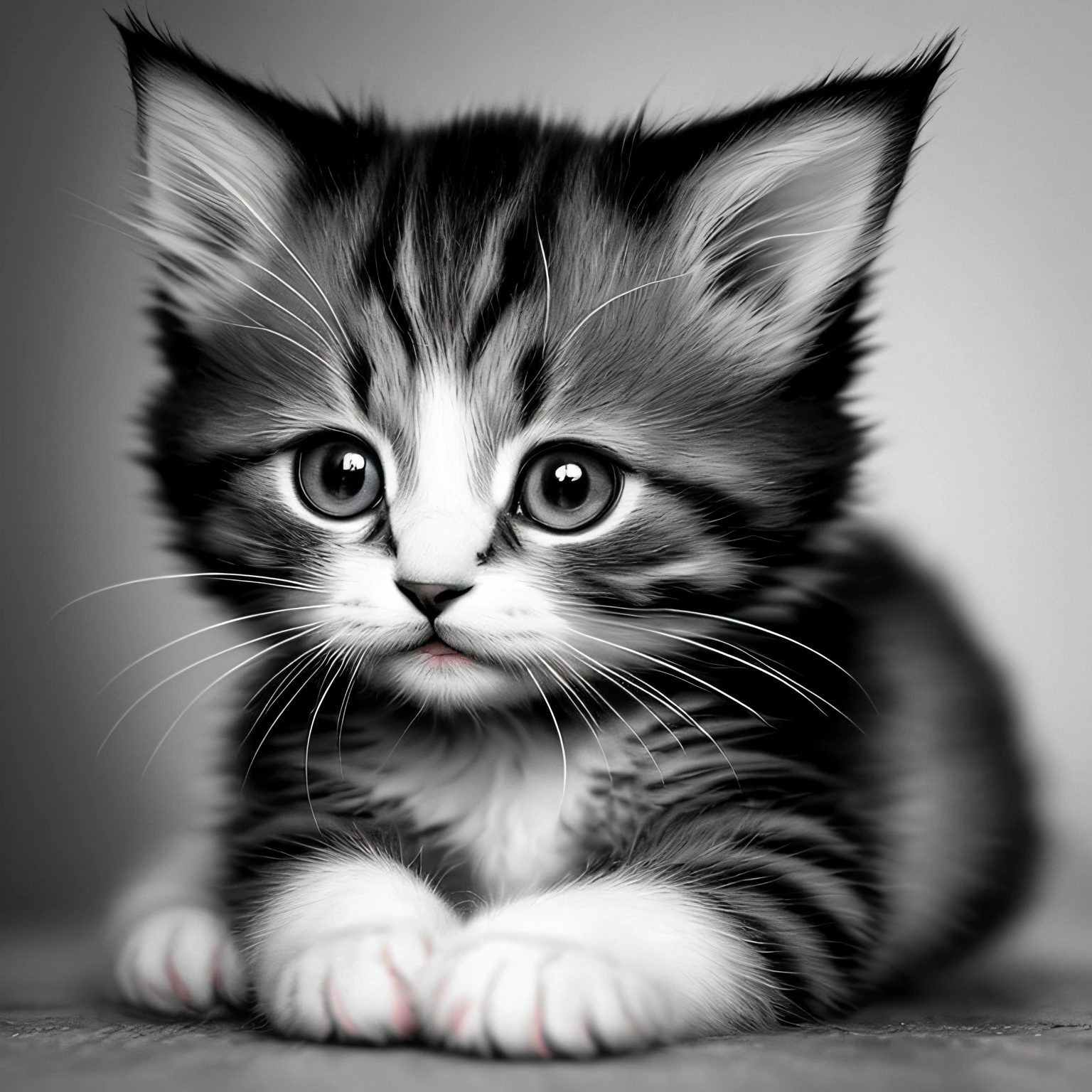 "Produces adorable images of kittens with upward gaze. The kitten should be soft, Fluffy fur and bright, Expressive eyes. The background should be colorful and vivid, Create a cheerful and playful atmosphere."
Negative Prompt:
"Generate images of kittens with a downward gaze. The kitten should be sluggish, Ragged fur and tired eyes. The background should be dark and dark, Create a gloomy and melancholic atmosphere."