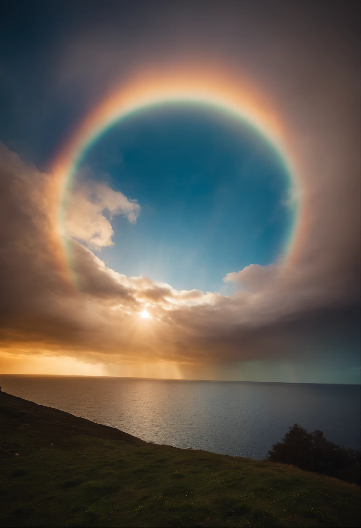 Close up of iridescent circle in the sky, ethereal rainbows, Rainbow clouds, A very colorful heaven, Rainbow clouds, Holy Light Halo, sunny rainbow galaxy stormy sea, Rainbow in the sky, Light Synchrotron Halo, ethereal rainbow nimbus, Prism Halo, bright rainbow nimbus, a glowing halo, Iridescent sky, Heavenly Light, Beautiful images ever created