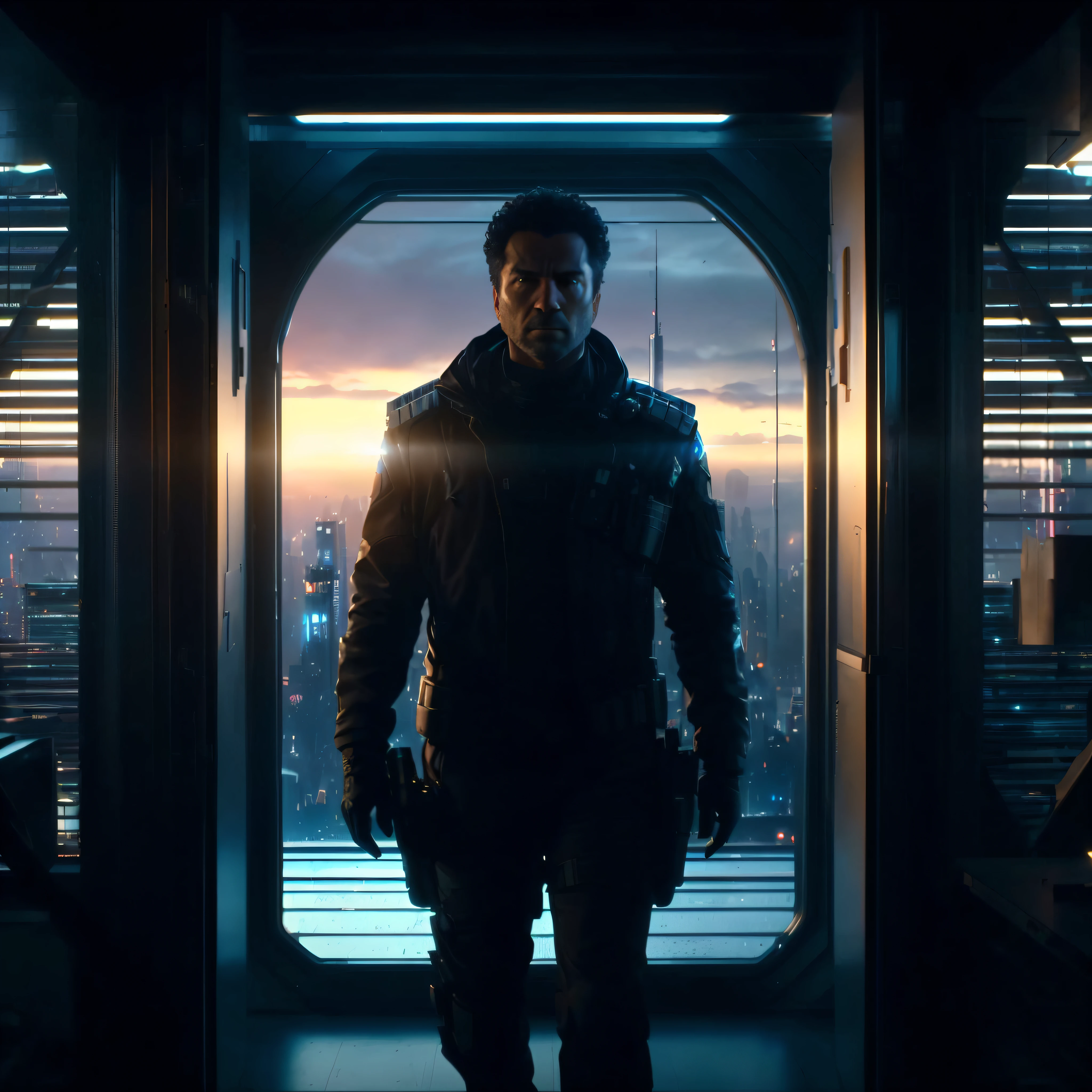 arafed man standing in a doorway looking out at a city, in a scifi movie, still from a ridley scott movie, in front of a sci fi cityscape, the expanse tv series, an epic scifi movie still, from a 2 0 1 9 sci fi 8 k movie, dramatic sci-fi movie still, cinematic scifi shot, sci-fi cinematic movie still