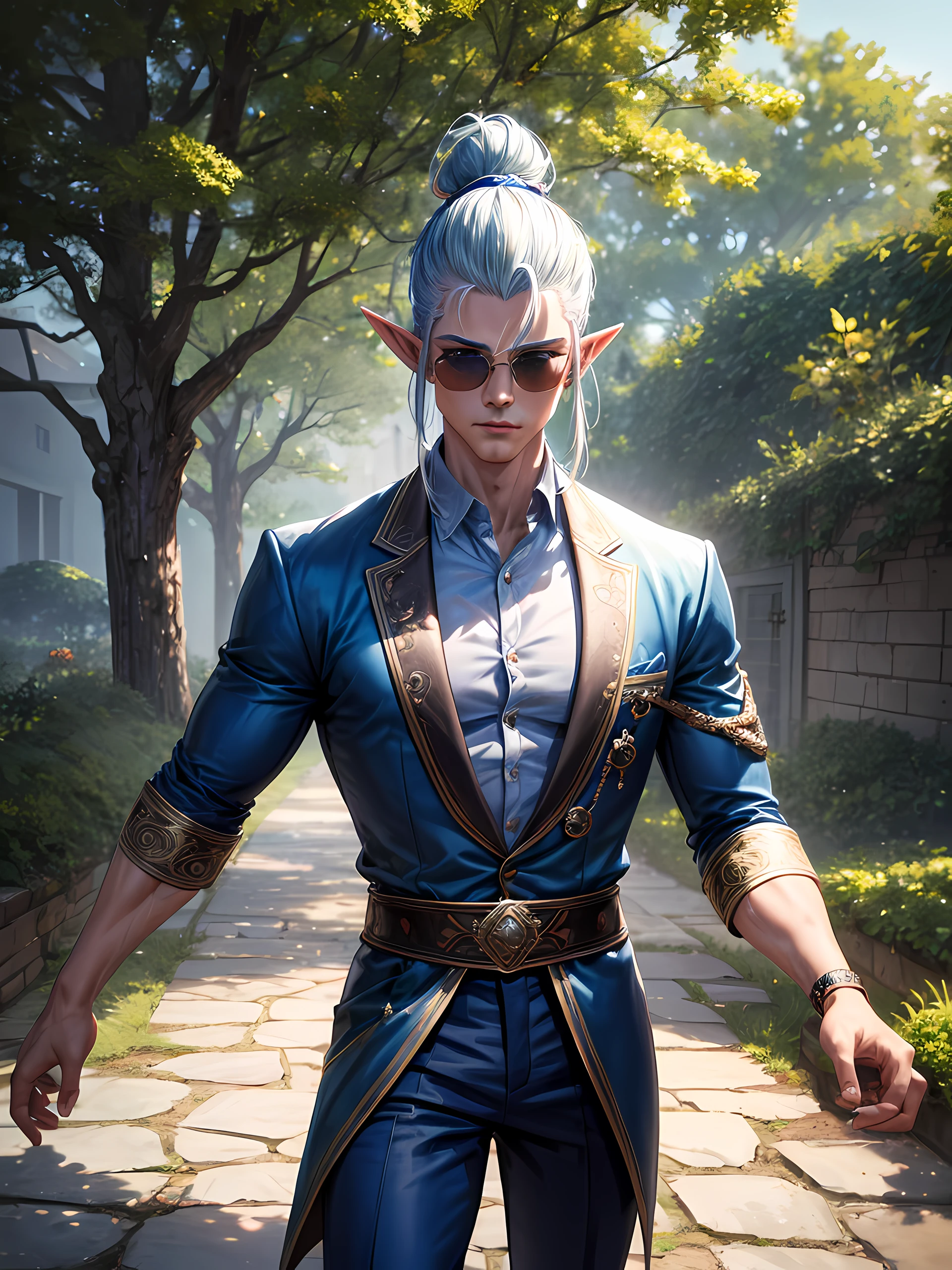 Top quality, Photorealistic, 8K, High Definition, Unity 8K wallpaper, high res, ultra sharp, masterpiece, ((masterpiece)), best quality, expressive eyes, perfect face, detailed face, detailed eyes, masterpiece, highly detailed exquisite character art, epic fantasy digital art style, detailed digital 3D fantasy art, ultra-realistic, detailed body, detailed pecs, there is a man in a blue suit and sunglasses standing in a yard, athletic build, he's an incubus, elven male, silvery skinned male elf, white shaved sides with a man bun, love eyes, love aura, long nails,