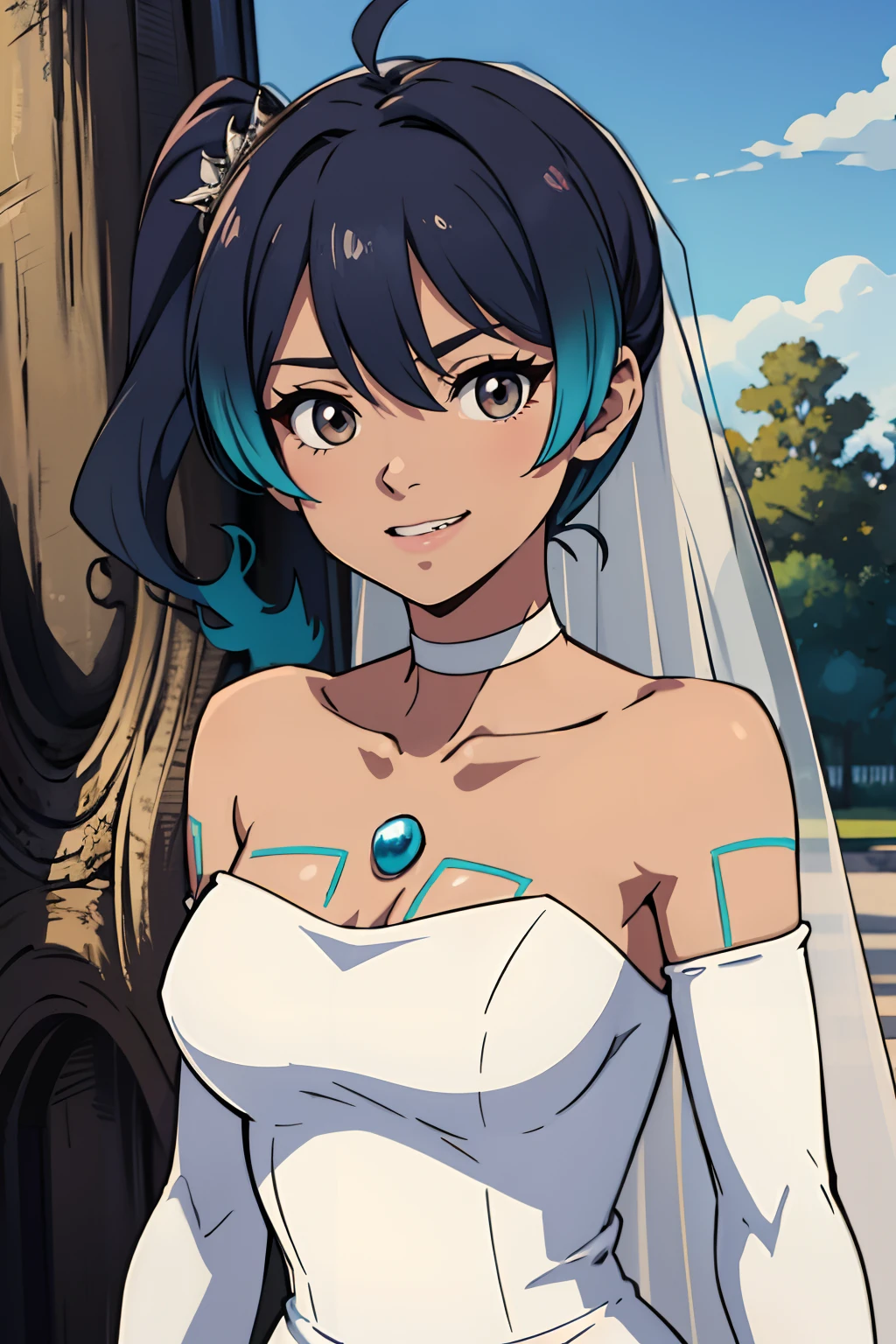 sena \(xenoblade\), hair between eyes, ahoge, star \(symbol\), hair ornament, dress, cleavage, bare shoulders, collarbone, long white elbow gloves, white gloves, white dress, white choker, strapless, tiara, veil, strapless dress, wedding dress, bridal veil, beautiful woman, perfect body, perfect breasts, wearing a wedding dress, ball gown, in the park trees, wedding decorations, a warm smile, realism, masterpiece, textured skin, super detail, high detail, high quality, best quality, 1080p, 16k