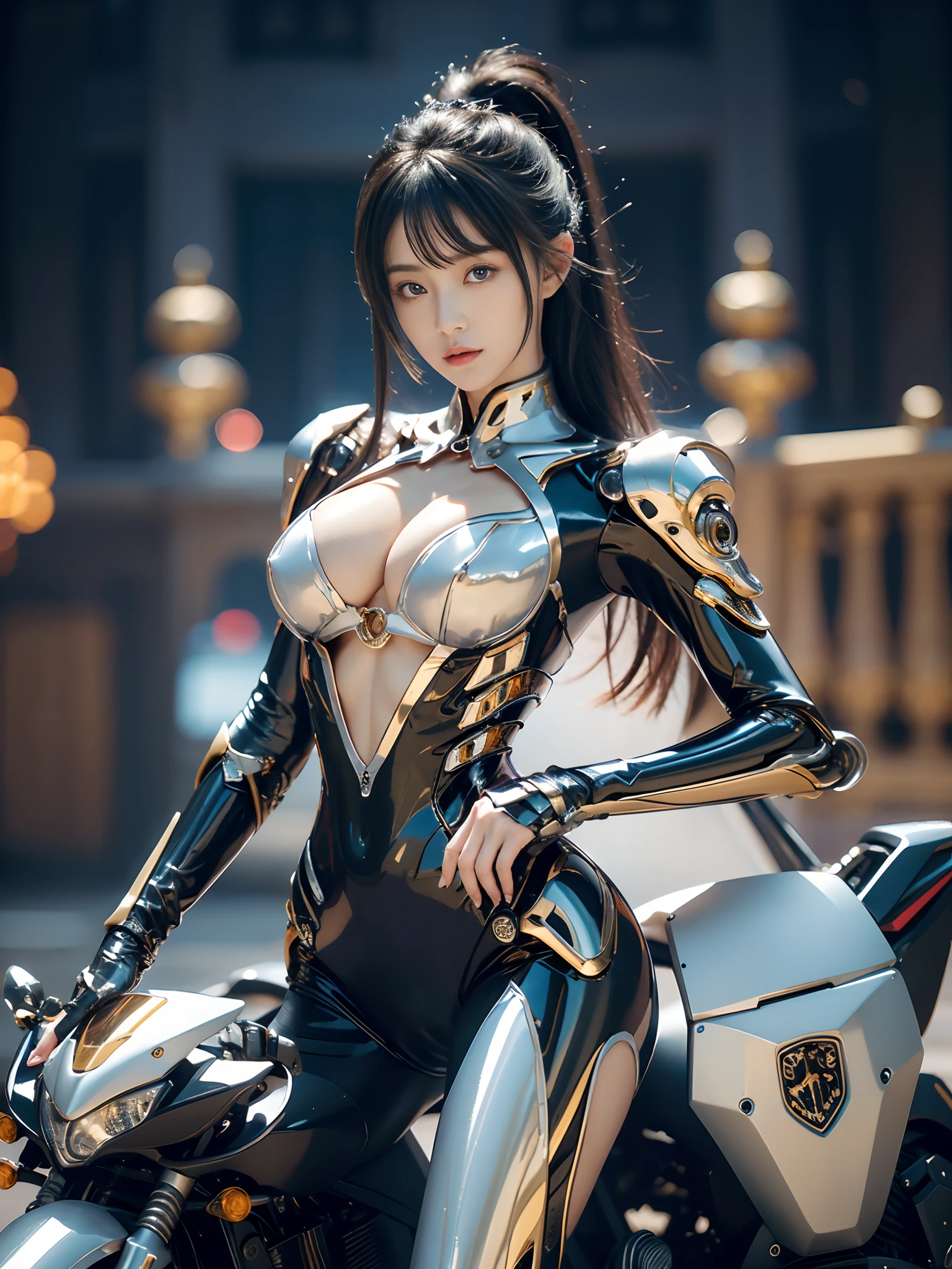 8k, top-quality, （pubic hair beauty）、hight resolution, 逼真, realperson、((​masterpiece)), ((top-quality)), (The ultra-detailliert), ((highly contrast)), (a high chroma), (Beautiful gold eyes), ((extremely delicate and beautiful)), (nice hand), ((perfect hand)), (Mechanical cyber city in the background), futuristic cities, 夏天, plein air, Girl on a motorcycle, Medium hair, Beautiful black hair, asymmetrical bangs, beautiful detailed Glass hair, blue eyess, tiny chest, mechanical suit, ((shiny body)), (very shiny body), Clear, jewely、ornament detached、a gorgeous、opulent、magnifica、Illumination scattered throughout the body、Illumination brilliance、Roberto、cyborgs、android、body suit、((huge tit、Chest valley、beauty legs))