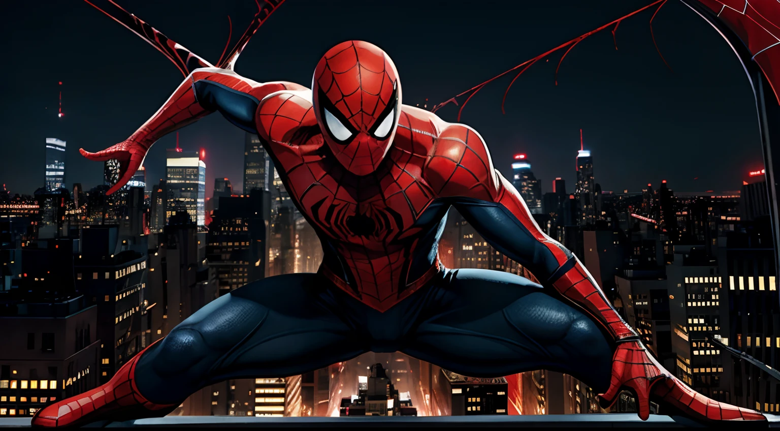 Draw the bright red Spider-Man 2 logo in the center, surrounded by a thick black spider web, against a background of New York skyscrapers at dusk with twinkling lights.