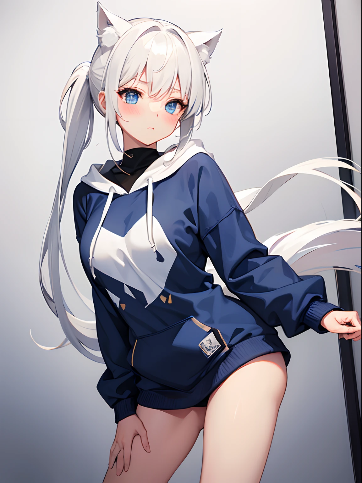 1girl in, Medium White Hair, blue eyes, Pony tail, Cute, blush, medium breasts, oversize hoodie
