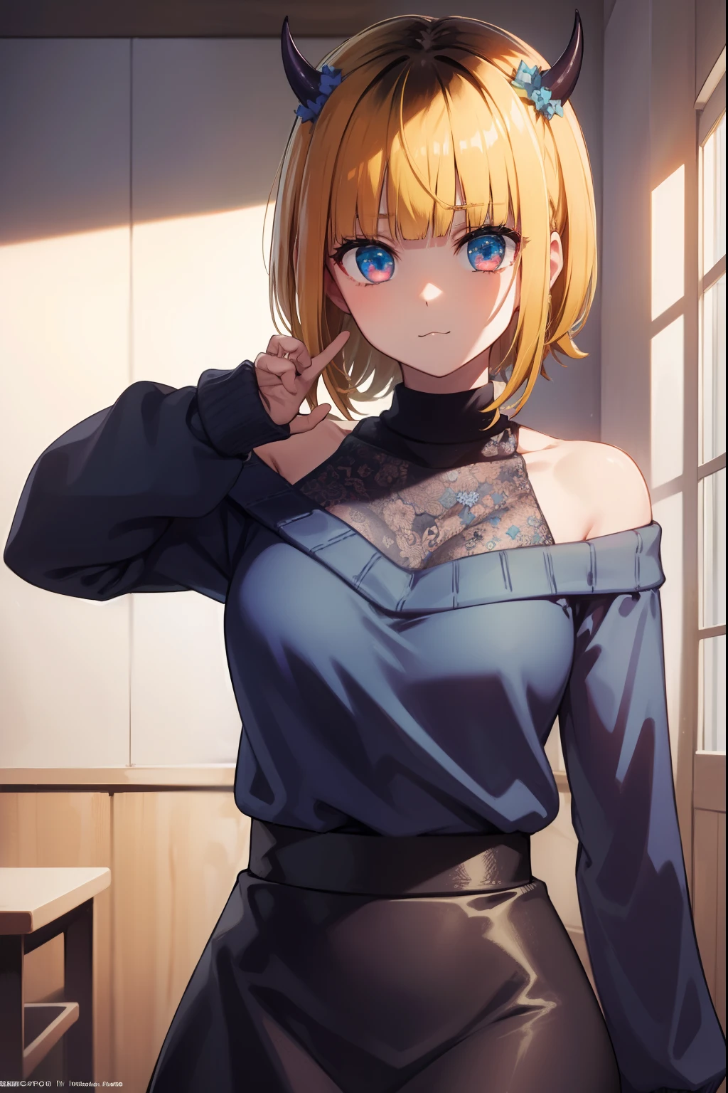 memcho, memcho, blonde hair, blue eyes, blunt bangs, demon horns, fake horns, horns, short hair,
BREAK bare shoulders, black skirt, (blue sweater:1.5), long sleeves, off shoulder, off-shoulder sweater, puffy sleeves, skirt, sweater, white ribbon,
BREAK looking at viewer,
BREAK indoors,
BREAK (masterpiece:1.2), best quality, high resolution, unity 8k wallpaper, (illustration:0.8), (beautiful detailed eyes:1.6), extremely detailed face, perfect lighting, extremely detailed CG, (perfect hands, perfect anatomy),