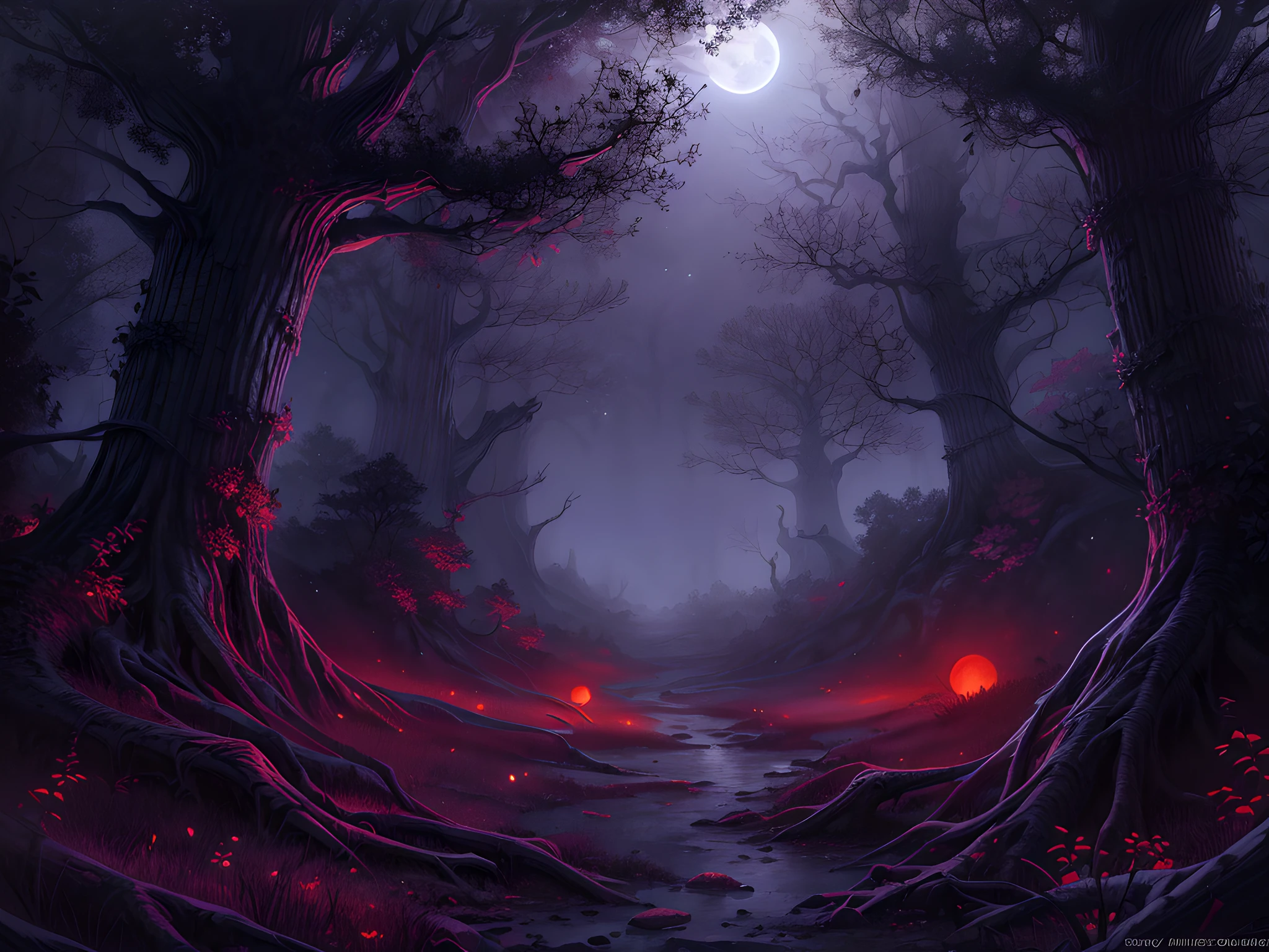 fantasy art, RPG art, ultra wide shot, RAW, photorealistic, a picture of a dark fantasy forest, mist rising from ground crawling mist, its night time, moon rises in the horizon, yet there is a (pair of red predator eyes) you see between the trees,