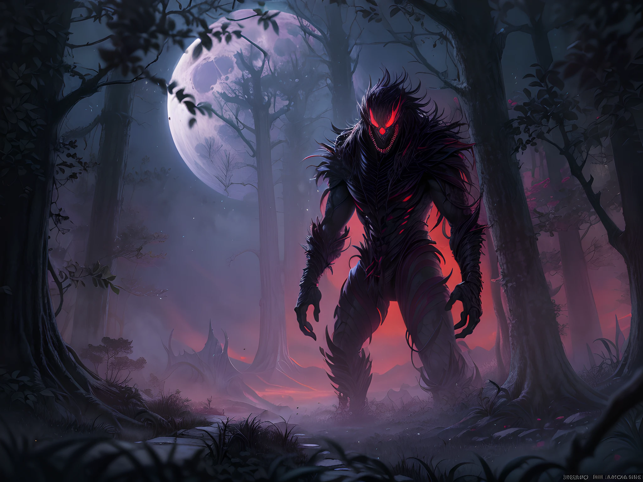fantasy art, RPG art, ultra wide shot, RAW, photorealistic, a picture of a dark fantasy forest, mist rising from ground crawling mist, its night time, moon rises in the horizon, yet there is a (pair of red predator eyes) you see between the trees,