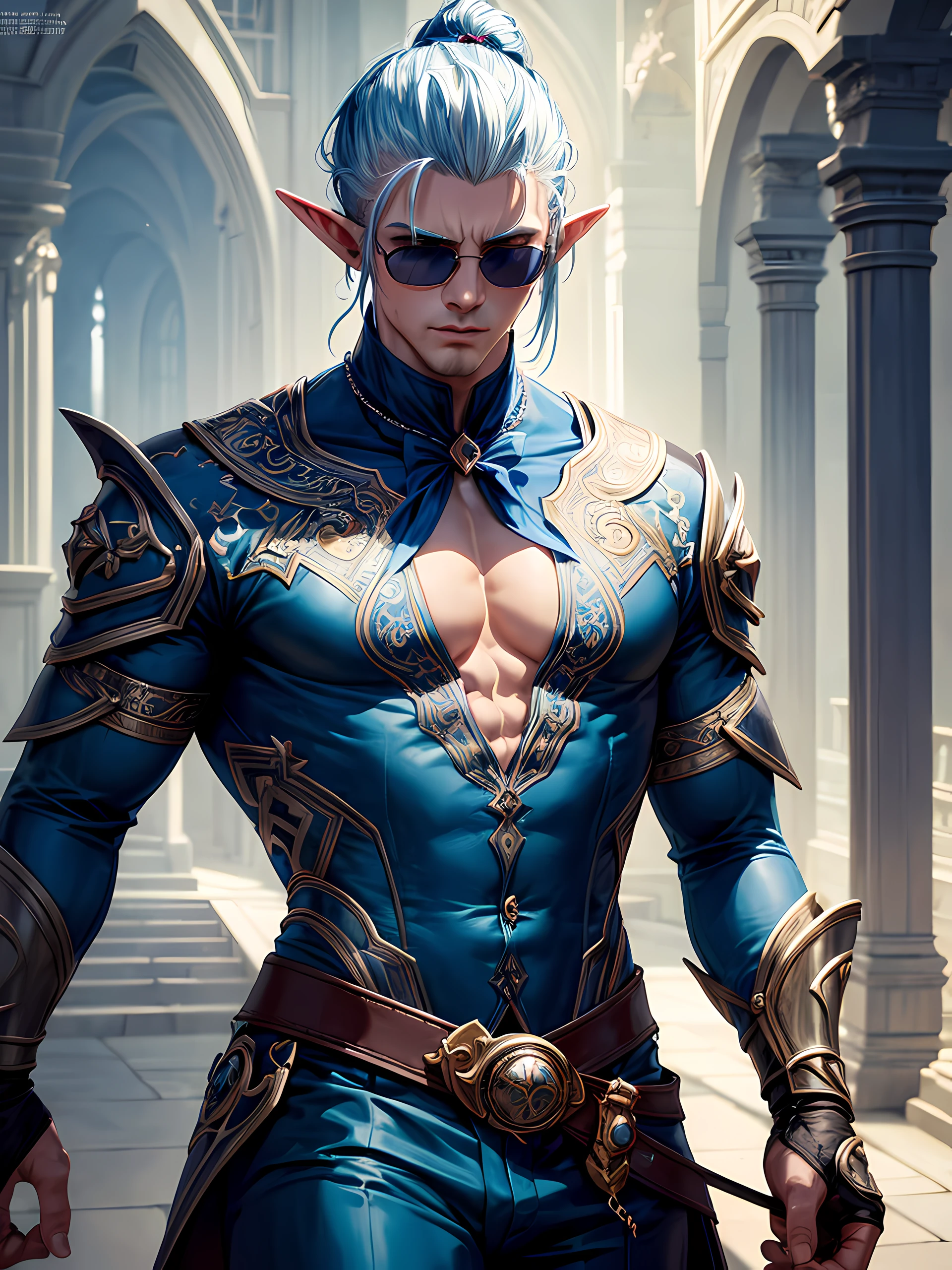 Top quality, Photorealistic, 8K, High Definition, Unity 8K wallpaper, high res, ultra sharp, masterpiece, ((masterpiece)), best quality, expressive eyes, perfect face, detailed face, detailed eyes, masterpiece, highly detailed exquisite character art, epic fantasy digital art style, detailed digital 3D fantasy art, ultra-realistic, detailed body, detailed pecs, there is a man in a blue suit and sunglasses standing in a yard, athletic build, he's an incubus, elven male, silvery skinned male elf, white shaved sides with a man bun, love eyes, love aura, long nails, dark fantasy