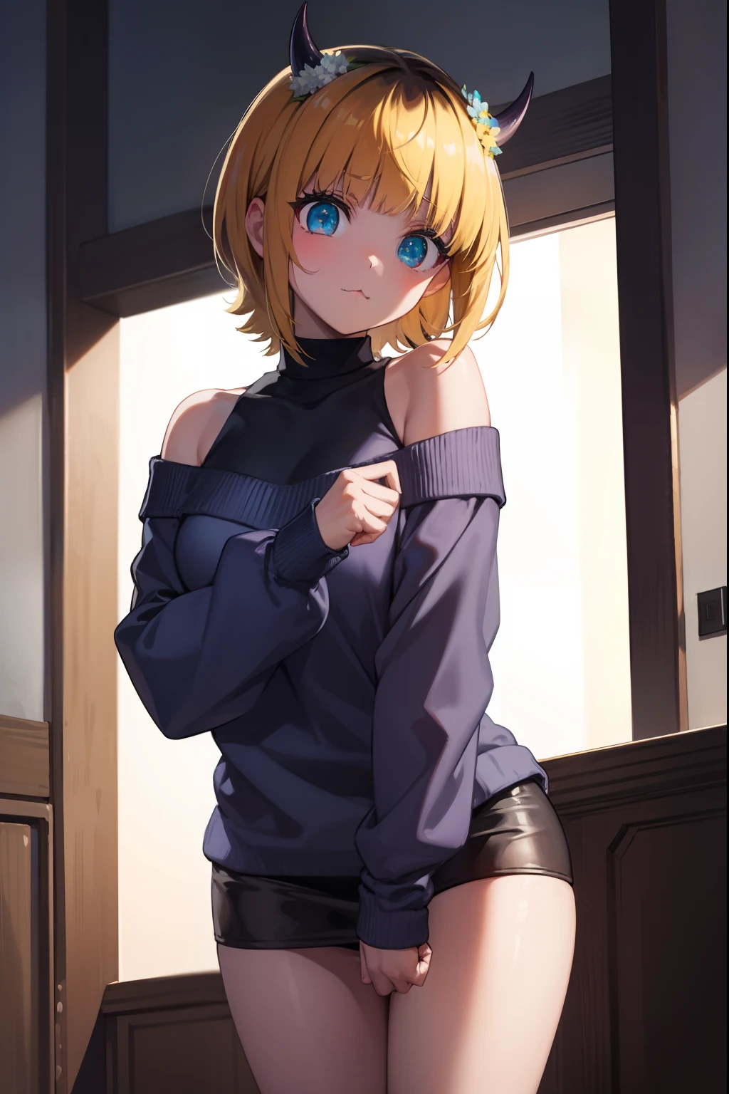 memcho, memcho, blonde hair, blue eyes, blunt bangs, demon horns, fake horns, horns, short hair,
BREAK bare shoulders, black skirt, (blue sweater:1.5), long sleeves, off shoulder, off-shoulder sweater, puffy sleeves, skirt, sweater, white ribbon,
BREAK looking at viewer,
BREAK indoors,
BREAK (masterpiece:1.2), best quality, high resolution, unity 8k wallpaper, (illustration:0.8), (beautiful detailed eyes:1.6), extremely detailed face, perfect lighting, extremely detailed CG, (perfect hands, perfect anatomy),