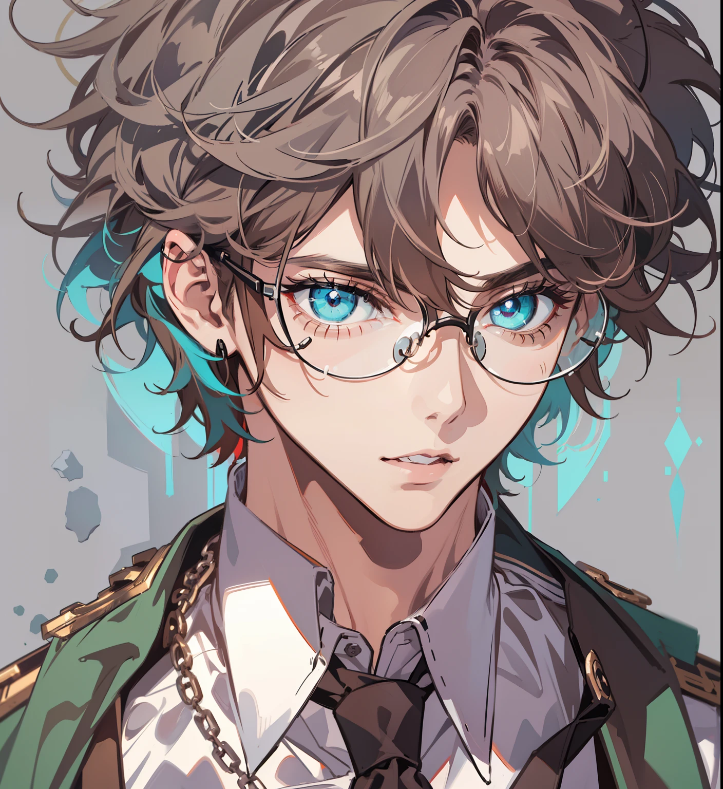 (masterpiece,best quality,ultra_detailed,highres,absurdres),1boy, male focus, solo, white and black hair,chain, shirt, black necktie, necktie, simple background, Blue eyes, upper body, vest, short hair, looking at viewer, parted lips, collared shirt, round eyewear, hand on own shoulder, black shirt, red background, brown vest, monocle,((brown hair with white streaks, medium length hair, shaggy hairstyle, messy hair)),(cyan eyes)