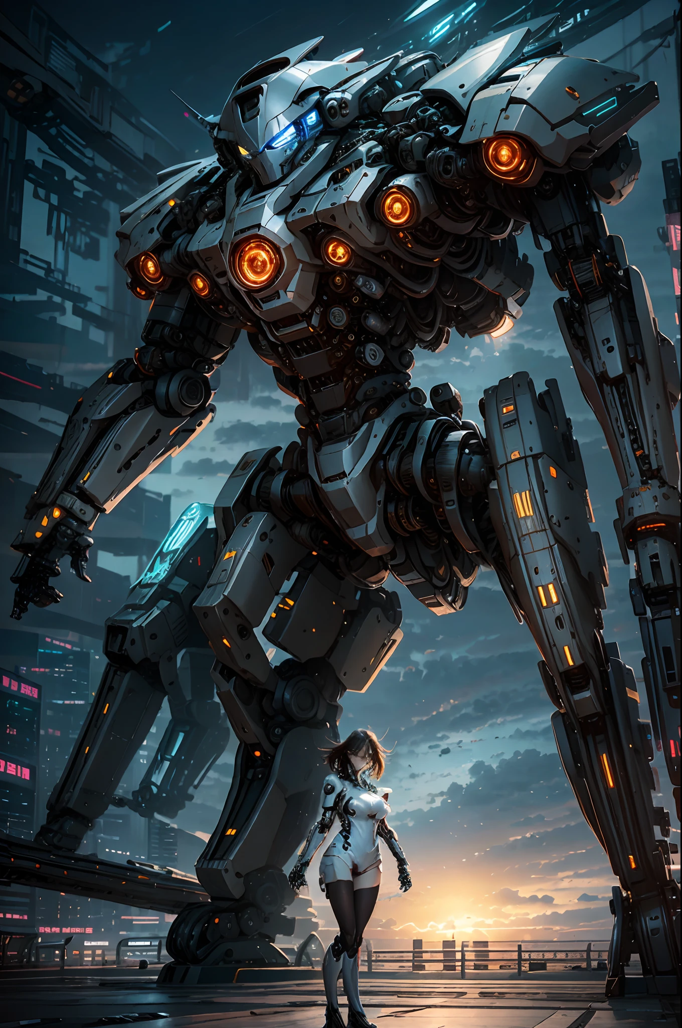 Anime girl in metal suit standing next to a giant robot, Guviz-style artwork, cyberpunk anime girls mecha, trending on cgstation, Guviz, by Russell Dongjun Lu, Digital cyberpunk anime art, Ross Tran 8 K, Guweiz on ArtStation Pixiv, girl in mecha cyber armor,(Dynamic pose, Tumbling:1.5),（（tmasterpiece，best qualtiy）），Large mechanical robot structure