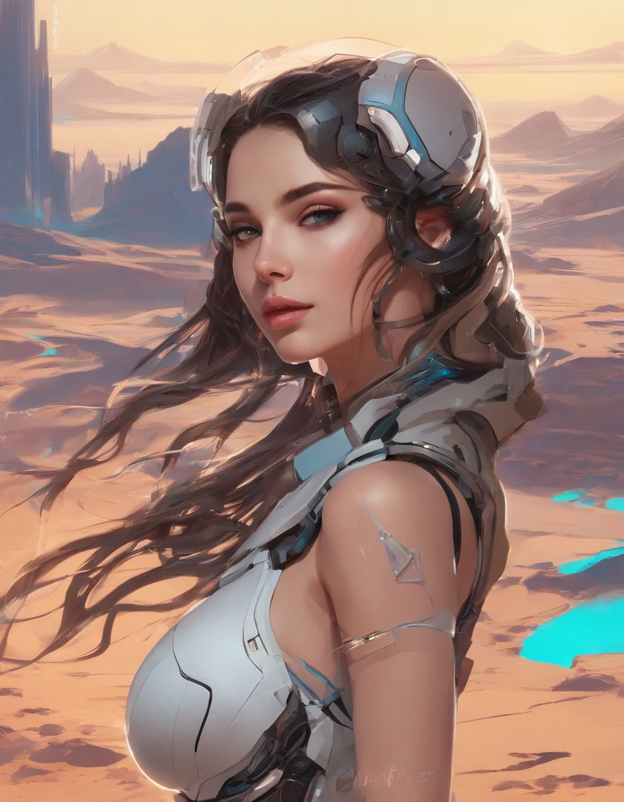 ((Best quality)), ((masterpiece)), ((realistic)), ((Best quality)), ((masterpiece)), ((realistic)), Girl walking in desert, extremely large breasts, looking tired, wearing Loose-fitting clothing Long-sleeved shirts and pants, Headgear, Sunglasses, very beautiful, in a natural and casual style on eye level, scenic, masterpiece, (highres), original, extremely detailed 8K , (photorealistic:1.4),flawless face, perfect eyes,symmetrica body shape,smile,