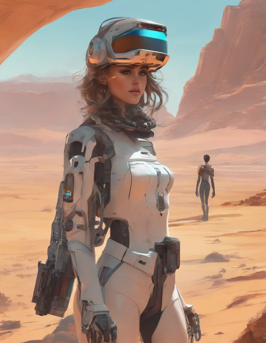 ((Best quality)), ((masterpiece)), ((realistic)), ((Best quality)), ((masterpiece)), ((realistic)), Girl walking in desert, extremely large breasts, looking tired, wearing Loose-fitting clothing Long-sleeved shirts and pants, Headgear, Sunglasses, very beautiful, in a natural and casual style on eye level, scenic, masterpiece, (highres), original, extremely detailed 8K , (photorealistic:1.4),flawless face, perfect eyes,symmetrica body shape,smile,