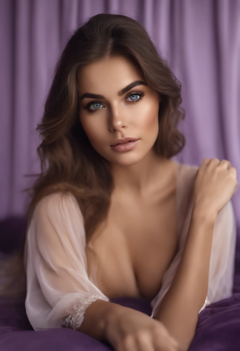 Arafed woman completely , fille sexy aux yeux bruns, ultra realist, Meticulously detailed, Portrait Sophie Mudd, cheveux bruns et grands yeux, selfie of a young woman, Dubai purple Eyes, Violet Myers, sans maquillage, maquillage naturel, looking straight at camera, Visage avec Artgram, Maquillage subtil, Great photo of the whole body kneeling on the bed, dans la chambre, Medium to large bust