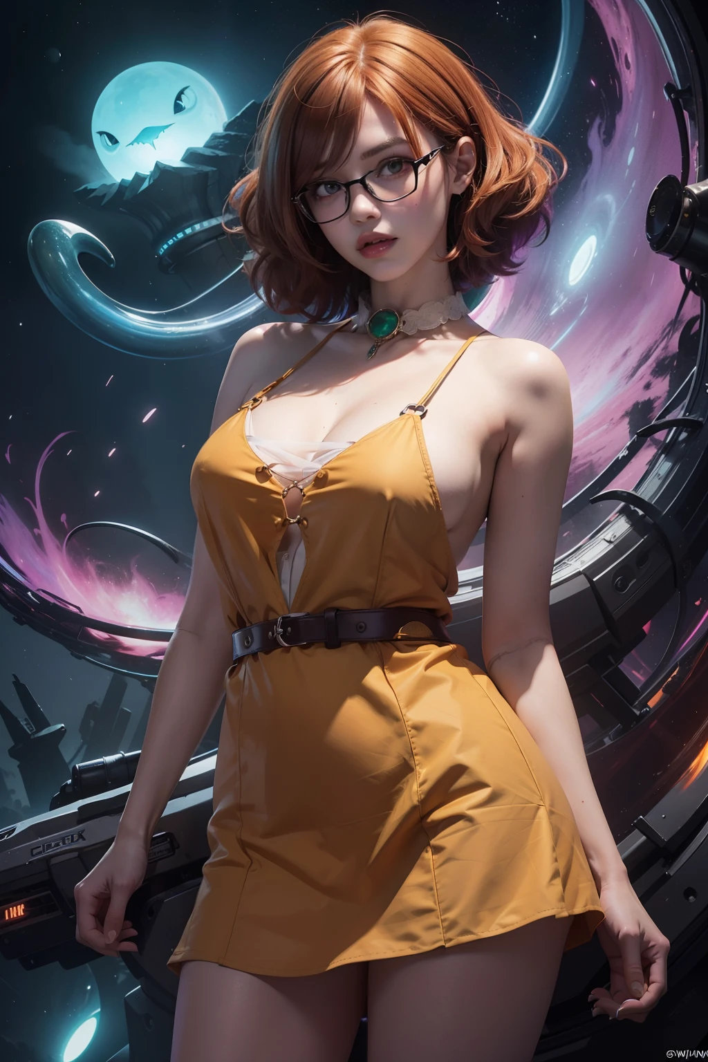 concept art of sexy cute girl wear glasses, overhead angle of a Will-o'-the-wisp, wearing Funny Somali Emerald deep orange Pinafore, Caramel hair styled as Short hair, fluorescent purple Hair tie, equirectangular 360, Highres,  [(art by Willi Baumeister:1.1), (art by John T. Biggers:1.2)::17], official art, unity 8k wallpaper, ultra detailed, aesthetic, masterpiece, best quality, photorealistic