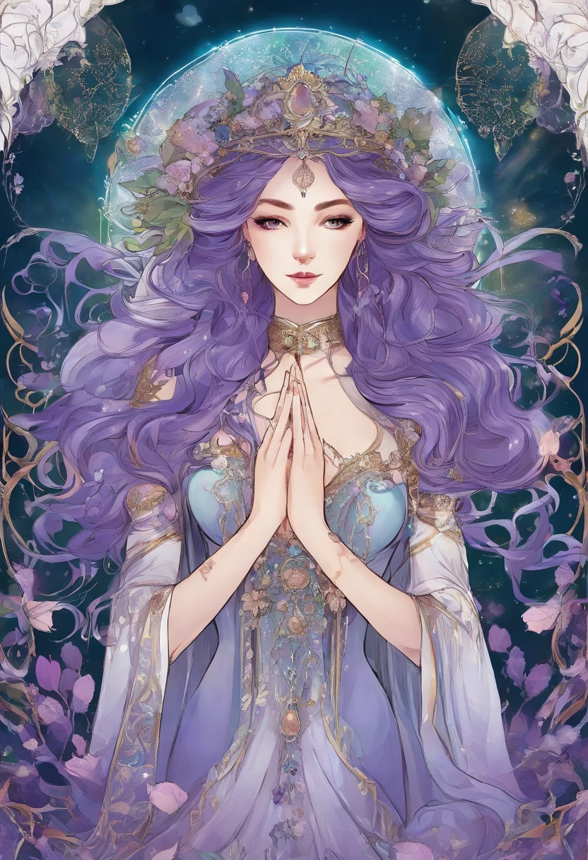 in 8K, She embodies perfection, hali々and a witch of stature, Similar to Goddess of Heaven. Her shape shimmers with iridescent shades, As if the essence of the beauty of the forest is in her. Her eyes, naturey, The tree々Embrace the mystery of, Fascinates everyone who stares at them. Her Flow, Purple hair flows down like a moonlight waterfall, Adorned with pearls and gemstones comparable to the stars. however、What really fascinates is her tarot cards; Masterpieces of aquatic art, It undulates with hypnotic elegance, Each scale reflecting a kaleidoscope of colors. The Whisper calls it the most beautiful in all areas, Proof of her royal lineage. she is, Certainly, The epitome of Witch Perfection."