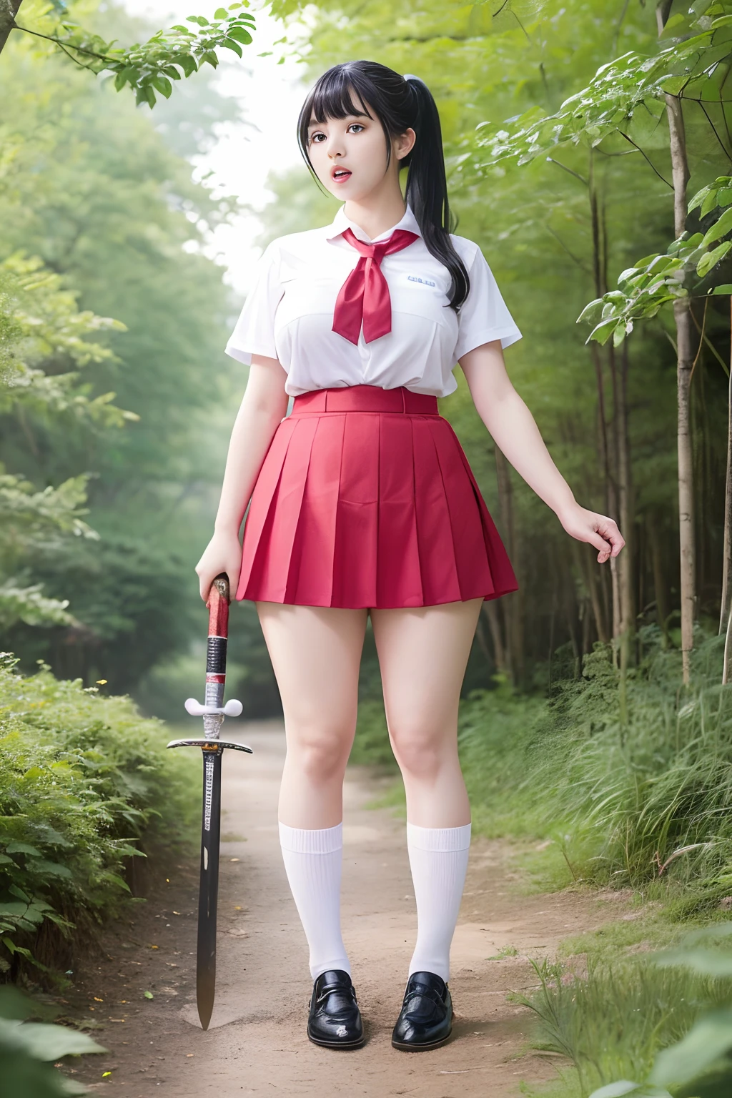 full body Esbian、((Plump, Beautiful Girl))、very very short bikini、((From below：1.5))、Ultra-fine painting、((Beautiful 14 year old girl))、((Sword stuck in the crotch))、((Colossal tits))、Open mouth、((Shouting with a look of anguish))、(Raw photography)、(​masterpiece:1.4)、(top-quality:1.4)、Best of Fuchsia Red、Fuchsia Red Schoolgirl Uniform Mini Skirt、((Stand with your legs open))、((large full breasts))、(White socks)、Black School Roafa、((Black hair long ponytail))、((With bangs：1.4))、((thick thight))、(Wearing a white ribbon in the back hair)、fine and fine skin、Beautiful detailed eyes、holding a sword in one's hand、thighs gap、((In the deep forest))、[:(详细的脸:1.2):0.2]、鎖骨、((Hasselblad photo))、