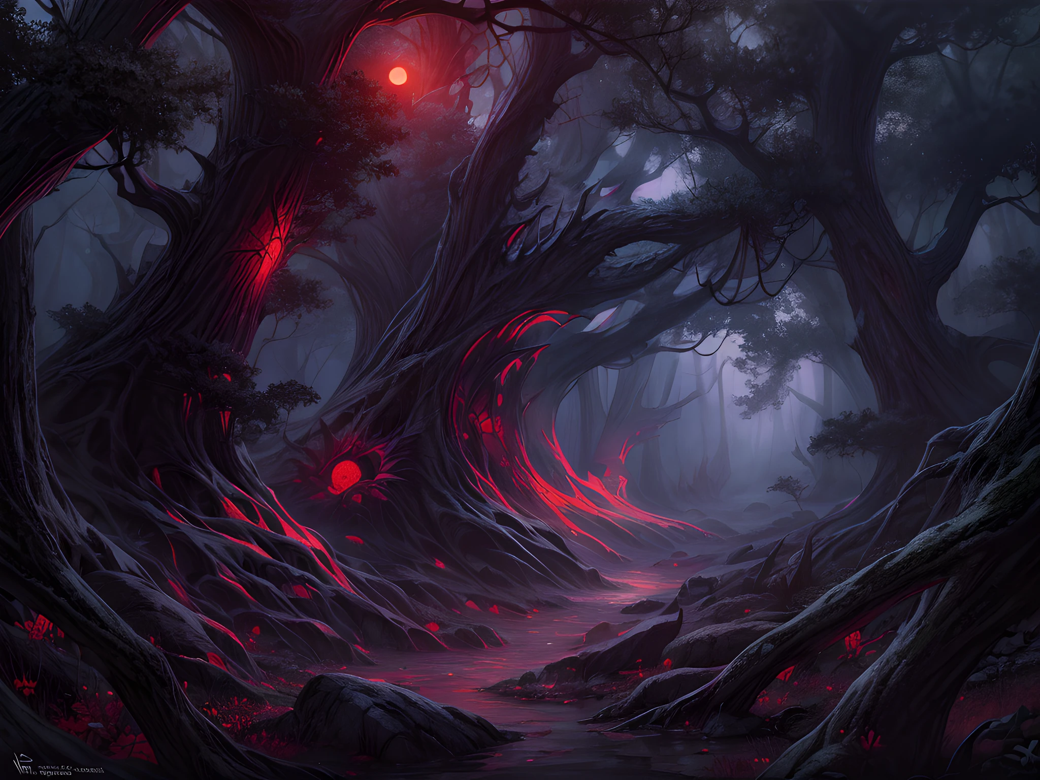 fantasy art, RPG art, ultra wide shot, RAW, photorealistic, a picture of a dark fantasy forest, mist rising from ground crawling mist, its night time, moon rises in the horizon, yet there is a (pair of red predator eyes) you see between the trees, dark fantasy forest background, best quality, 16k, [ultra detailed], masterpiece, best quality, (ultra detailed), full body, ultra wide shot, photorealism