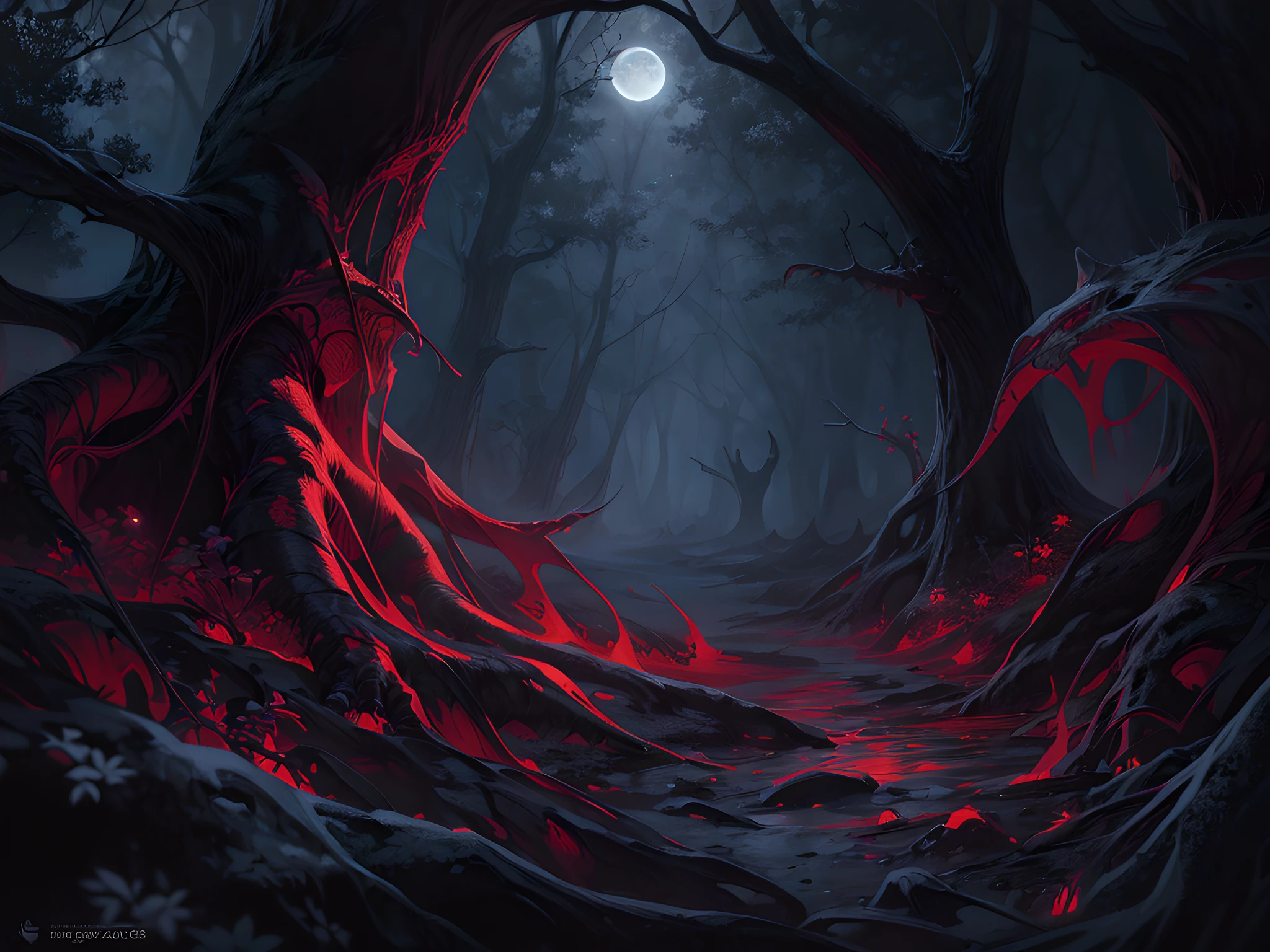 fantasy art, RPG art, ultra wide shot, RAW, photorealistic, a picture of a dark fantasy forest, mist rising from ground crawling mist, its night time, moon rises in the horizon, yet there is a (pair of red predator eyes) you see between the trees, dark fantasy forest background, best quality, 16k, [ultra detailed], masterpiece, best quality, (ultra detailed), full body, ultra wide shot, photorealism