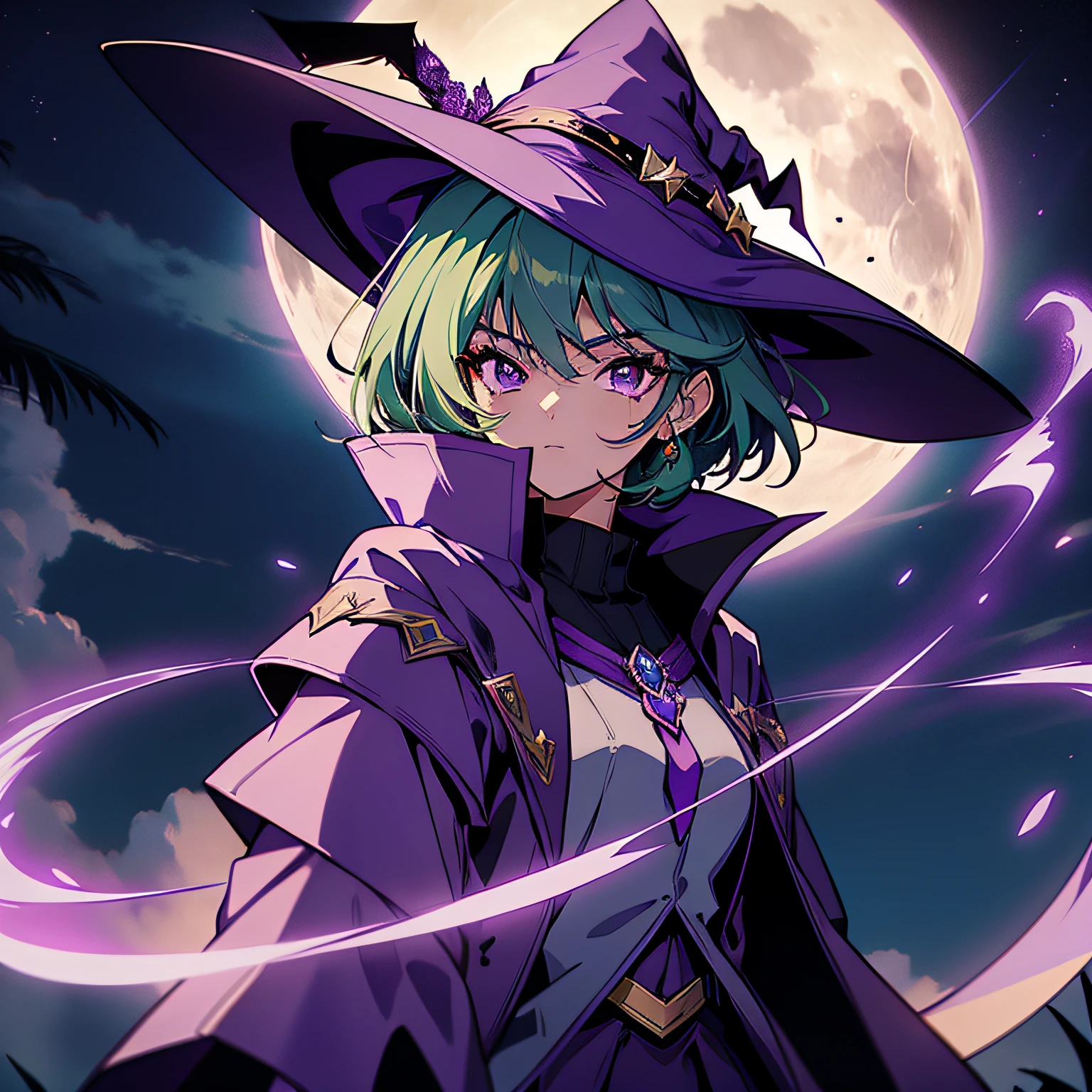 top-quality、extremely delicate and beautiful、(A teenage girl)、Purple Eye、Green hair、short-haired、(purple witch hat)、Purple tie、Soio、shortsleeves、Purple skirt、Purple Wizard Robe、Navel、is standing、Full moon night on background