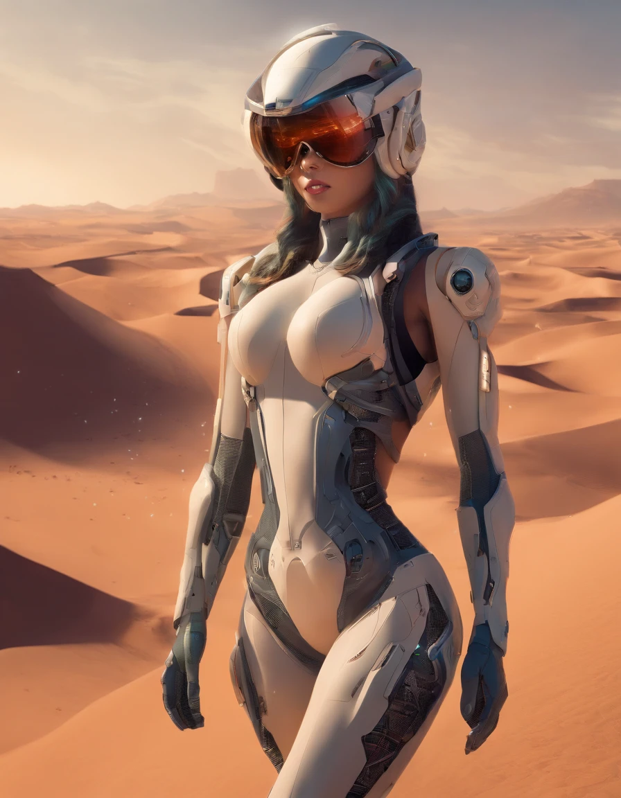 ((Best quality)), ((masterpiece)), ((realistic)), ((Best quality)), ((masterpiece)), ((realistic)), Girl walking in desert, extremely large breasts, cleavage, looking tired, wearing Loose-fitting clothing Long-sleeved shirts and pants, Headgear, Sunglasses, very beautiful, in a natural and casual style on eye level, scenic, masterpiece, (highres), original, extremely detailed 8K , (photorealistic:1.4),flawless face, perfect eyes,symmetrica body shape,smile,