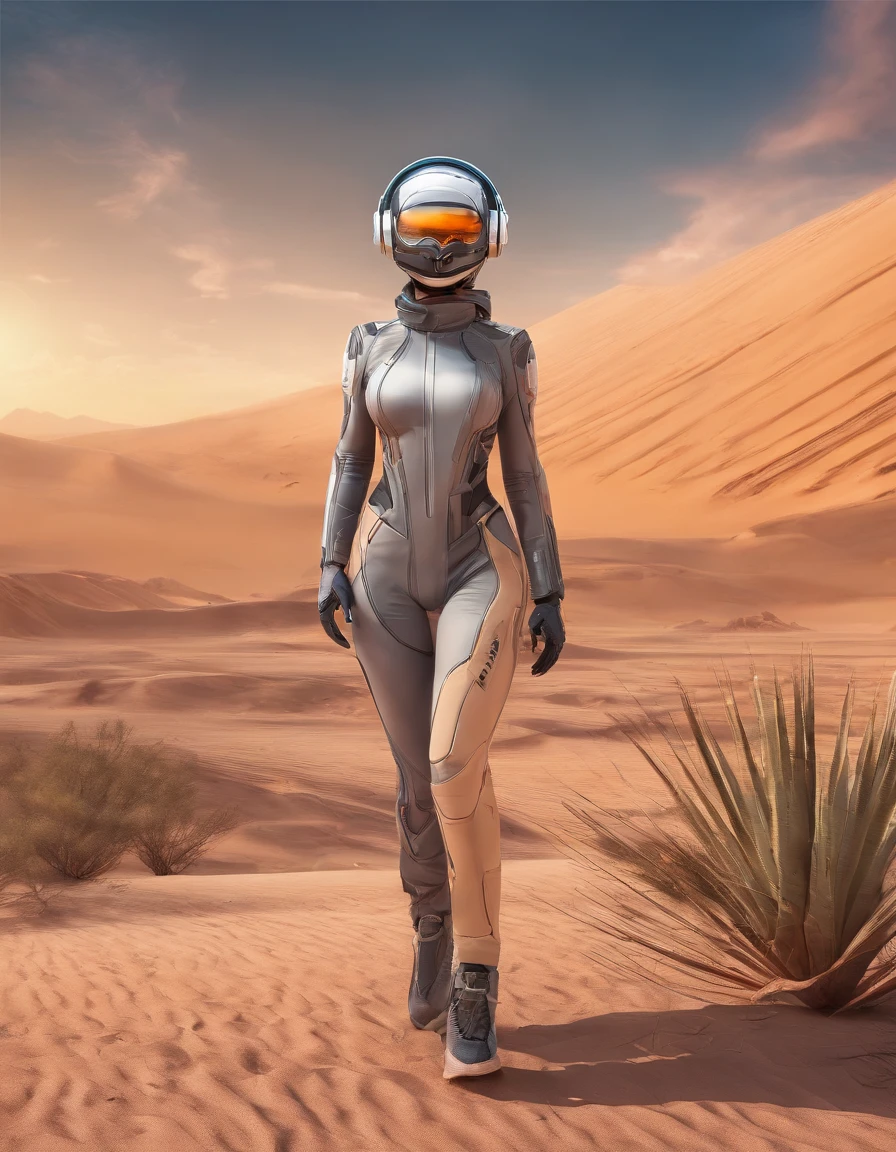 ((Best quality)), ((masterpiece)), ((realistic)), ((Best quality)), ((masterpiece)), ((realistic)), Girl walking in desert, extremely large breasts, cleavage, looking tired, wearing Loose-fitting clothing Long-sleeved shirts and pants, Headgear, Sunglasses, very beautiful, in a natural and casual style on eye level, scenic, masterpiece, (highres), original, extremely detailed 8K , (photorealistic:1.4),flawless face, perfect eyes,symmetrica body shape,smile,