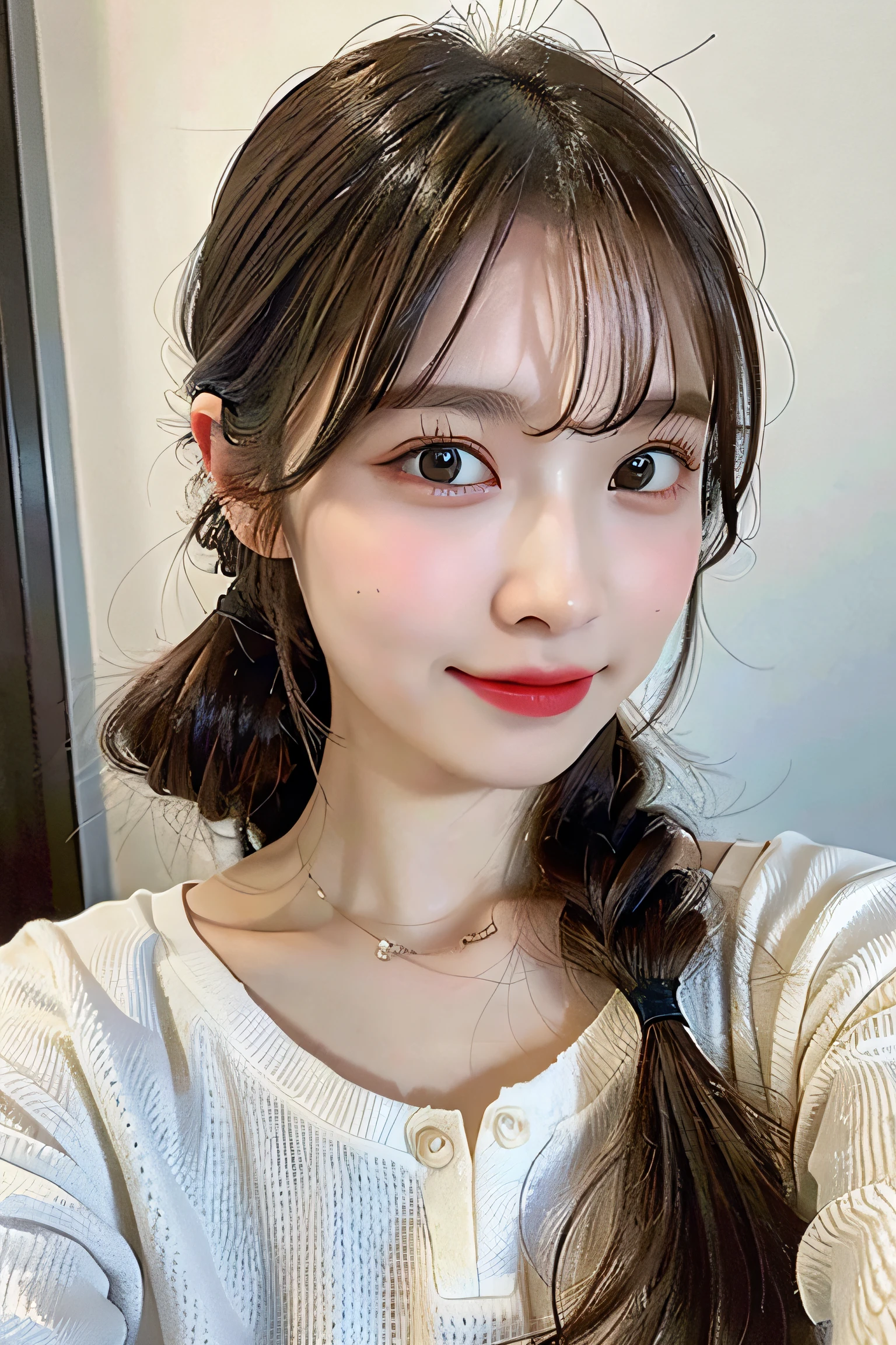 blush,long hair ponytail,big red ribbon in her hair,(8K, Raw photo, best quality, muste piece:1.2), (Reality, photorealistic:1.4), (Highly detailed 8K wallpaper), Tits sharp focus, Depth of bounds written, cinematic lighting, soft light, detailed beauty eye,Shiny and smooth light brown ponytail, asymmetrical bangs, shiny skin, super detailed skin ,high resolution, high detail, detailed hairstyle, detailed beauty face, hyper real, perfect limbs, perfect anatomy ,1 Japanese girl,famous japanese idol, perfect female body,shy smile,short eyelashes,double-edged eyelids,look straight here,Hair style is ponytail,wear a ribbon, office,long ponytail hairstyle,Wearing scrunchies,making chocolate in the kitchen,She wears a red apron,licking the cream on his hand
