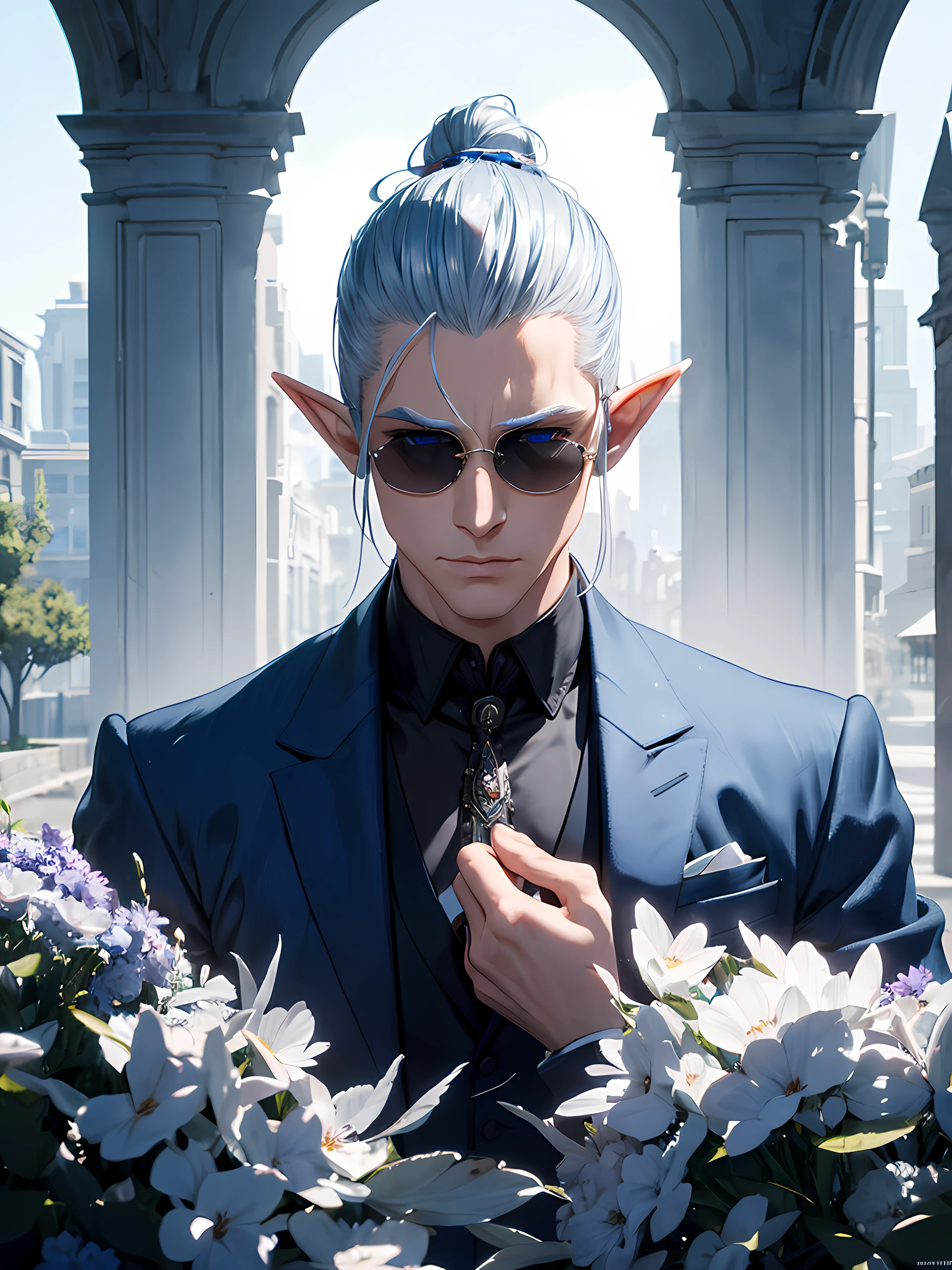 Top quality, Photorealistic, 8K, High Definition, Unity 8K wallpaper, high res, ultra sharp, masterpiece, ((masterpiece)), best quality, expressive eyes, perfect face, detailed face, detailed eyes, masterpiece, highly detailed exquisite character art, epic fantasy digital art style, detailed digital 3D fantasy art, ultra-realistic, detailed body, detailed pecs, there is a man in a blue suit and sunglasses standing in a yard, athletic build, he's an incubus, elven male, silvery skinned male elf, white shaved sides with a man bun, love eyes, long nails, dark fantasy, playful, seductive