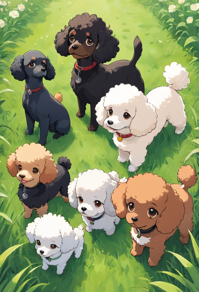 grass field,White toy poodle,Brown toy poodle,Flesh-colored toy poodle,Black Shepherd,Brown cavalier,Black and white cavalier,Dogs in line,