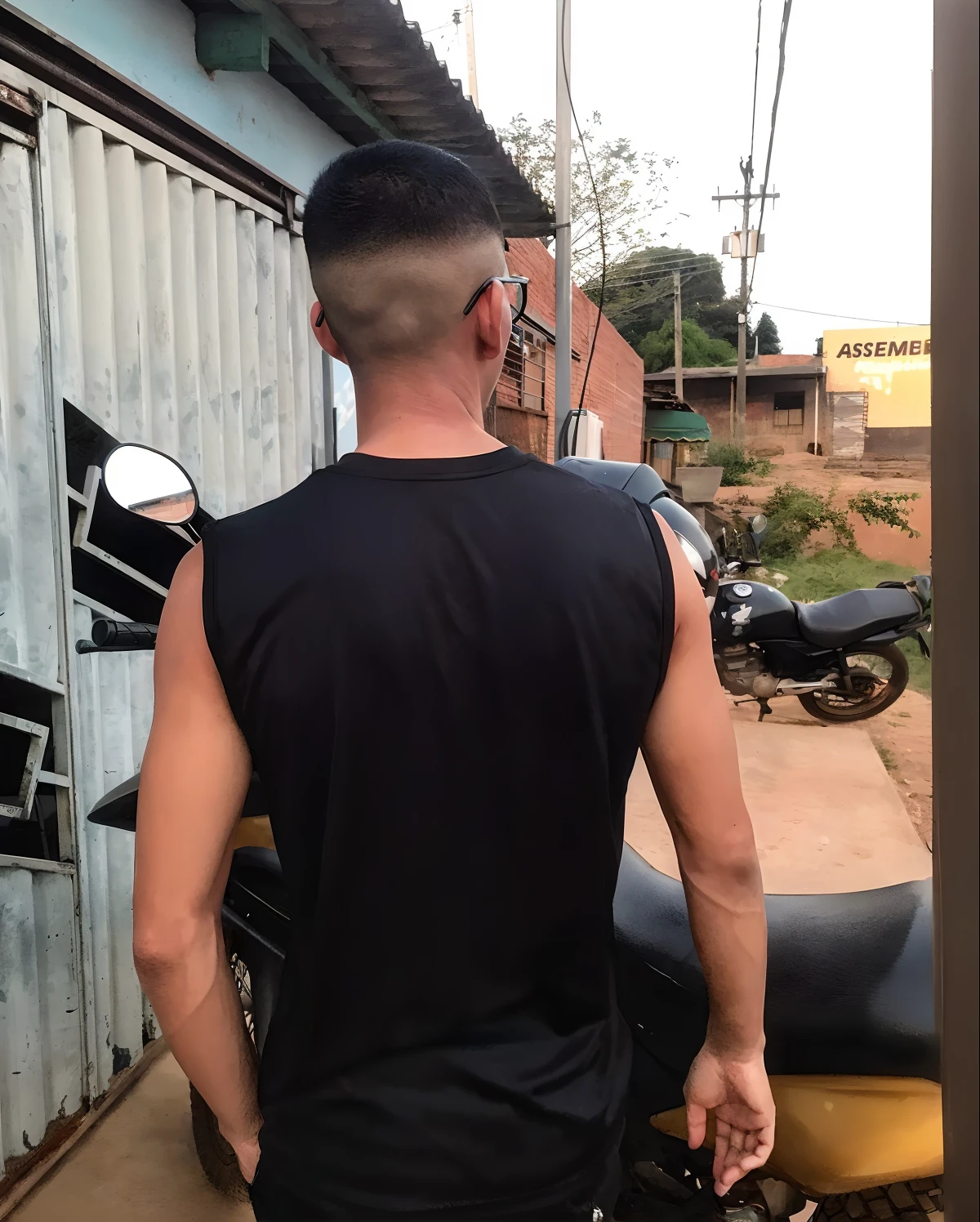 There's a man standing next to a motorcycle in front of a building, from the back, crescimento total a partir das costas, em pleno crescimento a partir das costas, view of the back, lados raspados, short hair on top of his head, from the back, de costas viradas, tiro longo das costas, laterais raspadas tampo curto, arms behind back, back of head