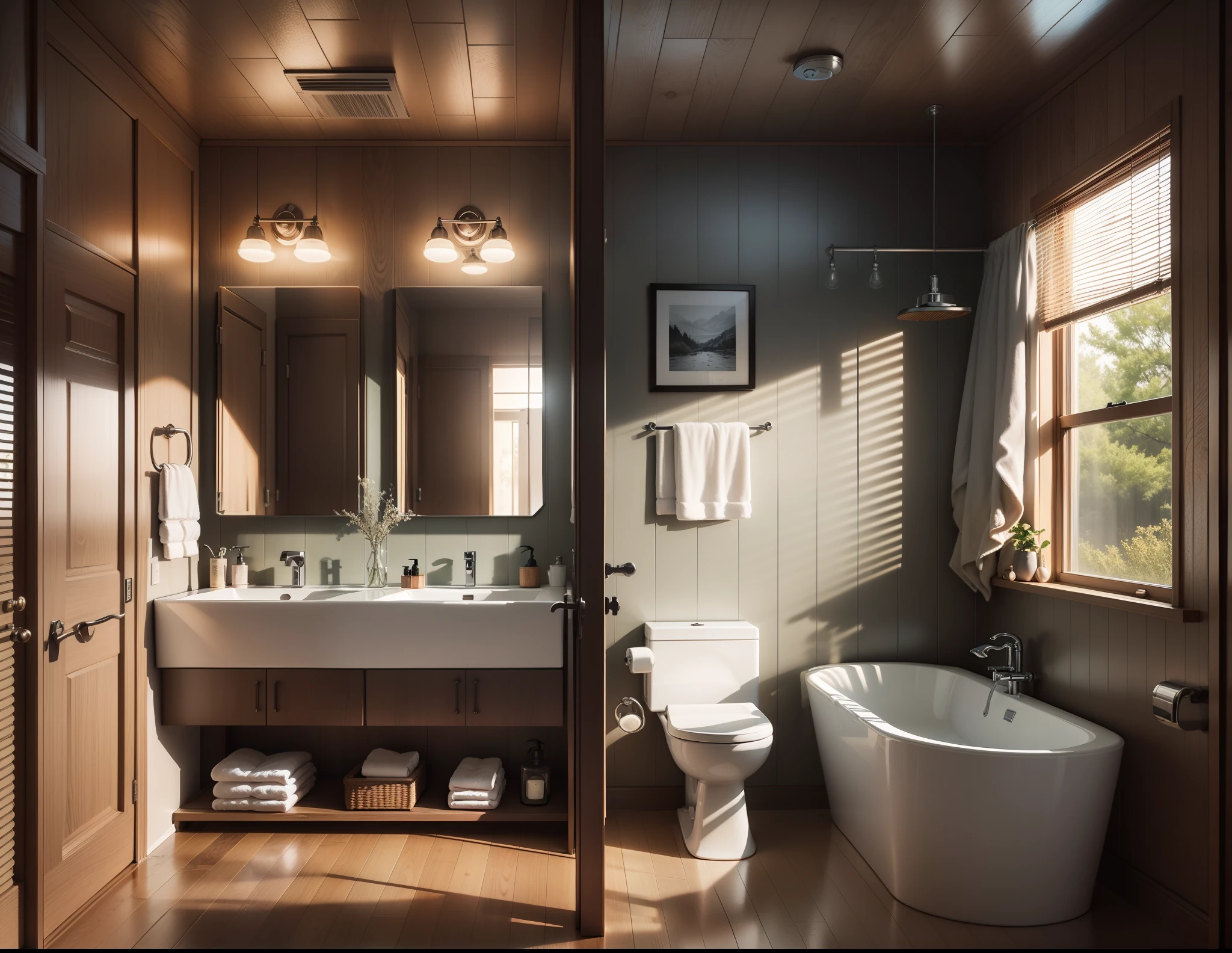 "Luxury, modern bathroom interior design with a bit of sophistication and elegance, black and gray wood paneling.",day, 8k uhd, dslr, soft lighting, high quality, film grain, Fujifilm XT3