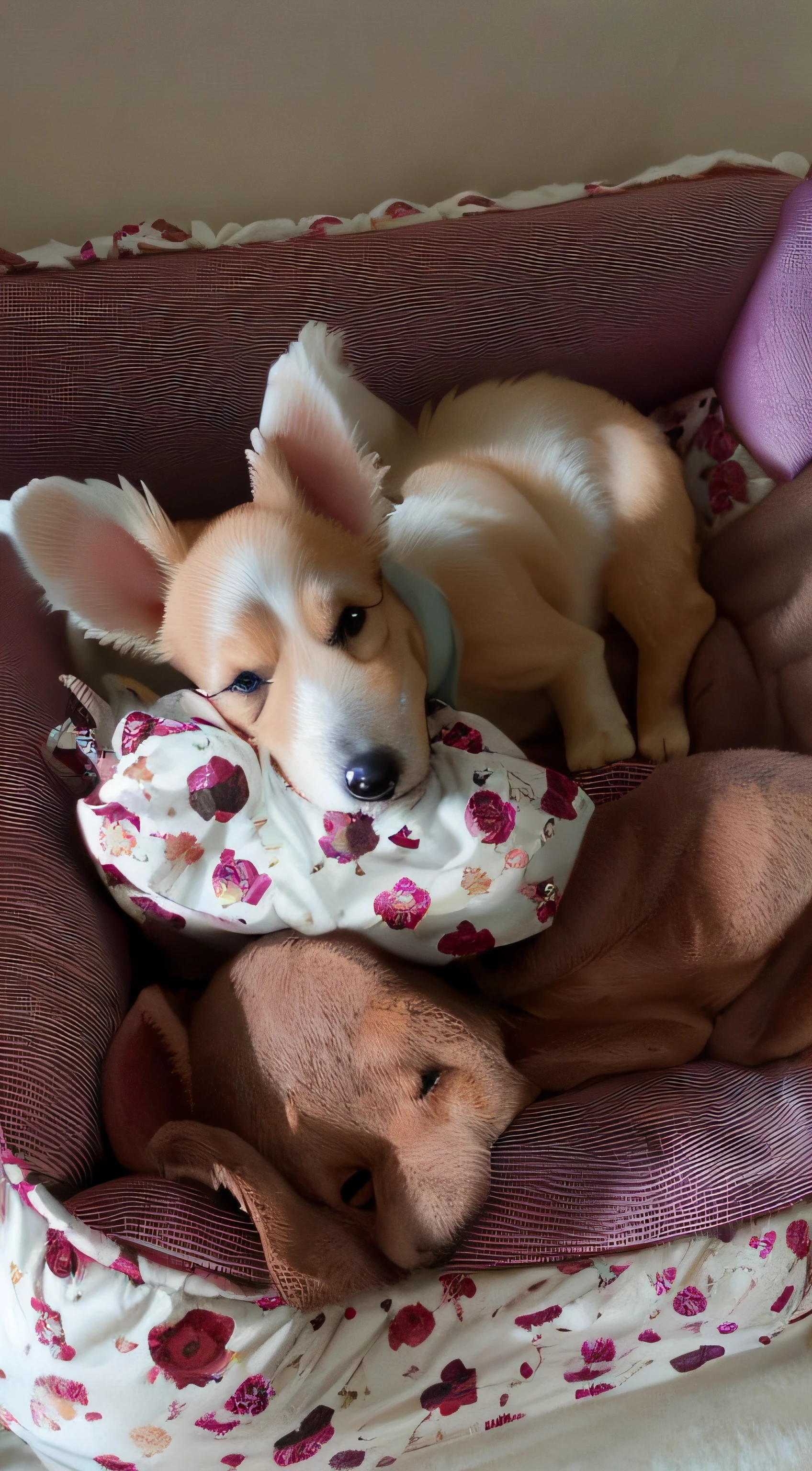 There's a dog that's lying on a dog bed, peludo bonito precisa de sua ajuda, deitado em um travesseiro, cuddling her gremlings, olhando parcialmente para a esquerda, resting on a tough day, descansando em um travesseiro, aw, Anos, Mistura de Corgi e Doodle, chinese crested powderpuff dog, sentada em sua cama