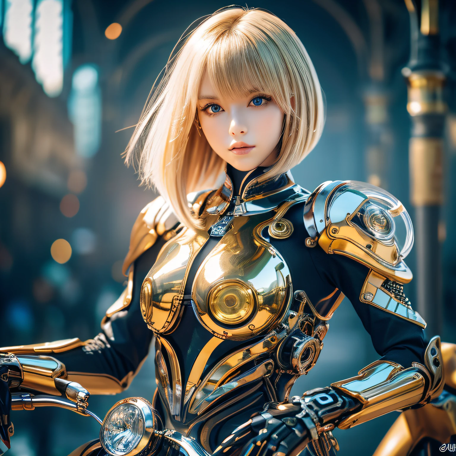 8k, top-quality, (pubic hair beauty)、hight resolution, 逼真, realperson、((masterpiece)), ((top-quality)), (The ultra-detailliert), ((highly contrast)), (a high chroma), (Beautiful detail eyes), ((extremely delicate and beautiful)), (nice hand), ((perfect hand)), (Mechanical cyber city in the background), futuristic cities, 夏天, plein air, Girl on a motorcycle, Medium hair, blonde hair, asymmetrical bangs, beautiful detailed Glass hair, blue eyess, tiny chest, mechanical suit, ((shiny body)), (very shiny body), Clear, jewely、ornament detached、a gorgeous、opulent、magnifica、Illumination scattered throughout the body、Illumination brilliance、Roberto、cyborgs、android、body suit、huge tit、Chest valley、beauty legs