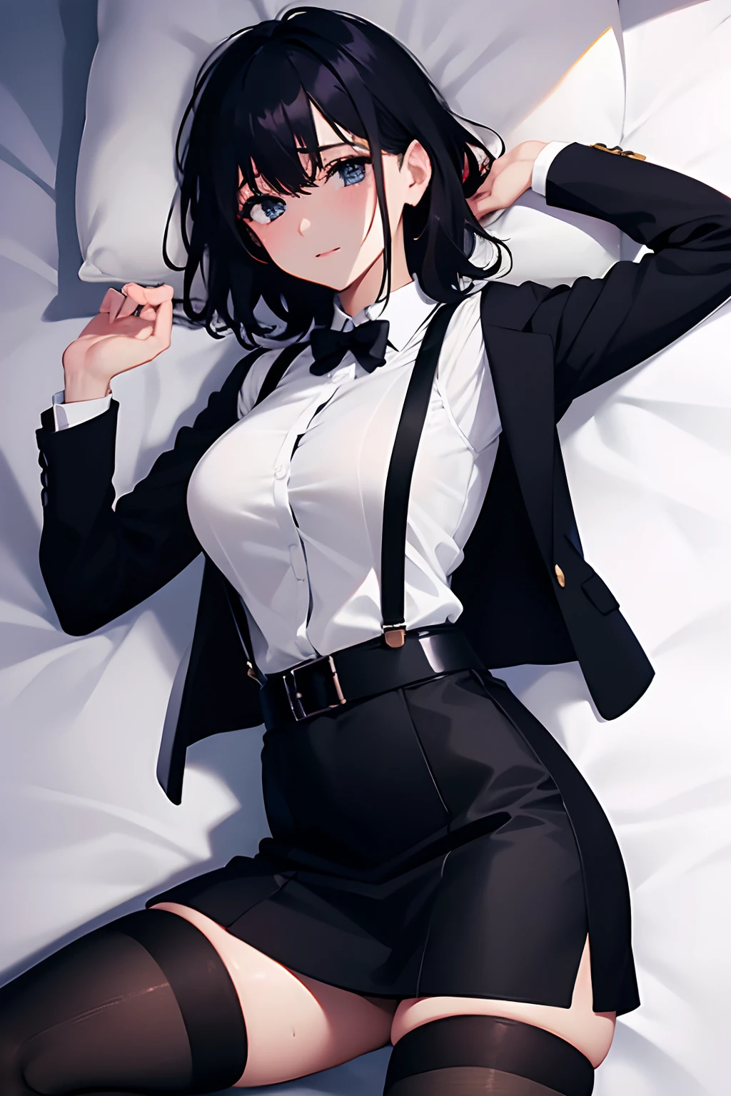Suit,Collared shirt,Belt bag,Suspenders Black Miniskirt garterbelts knee high Stockings Black Niso Colorcon armpit sweat perspiring Side of both hands,Black jacket,Gaze,ample bosom,Armpit sweat,Exposing the armpits"Tight clothes、Cuffed、wristbands Lying in bed