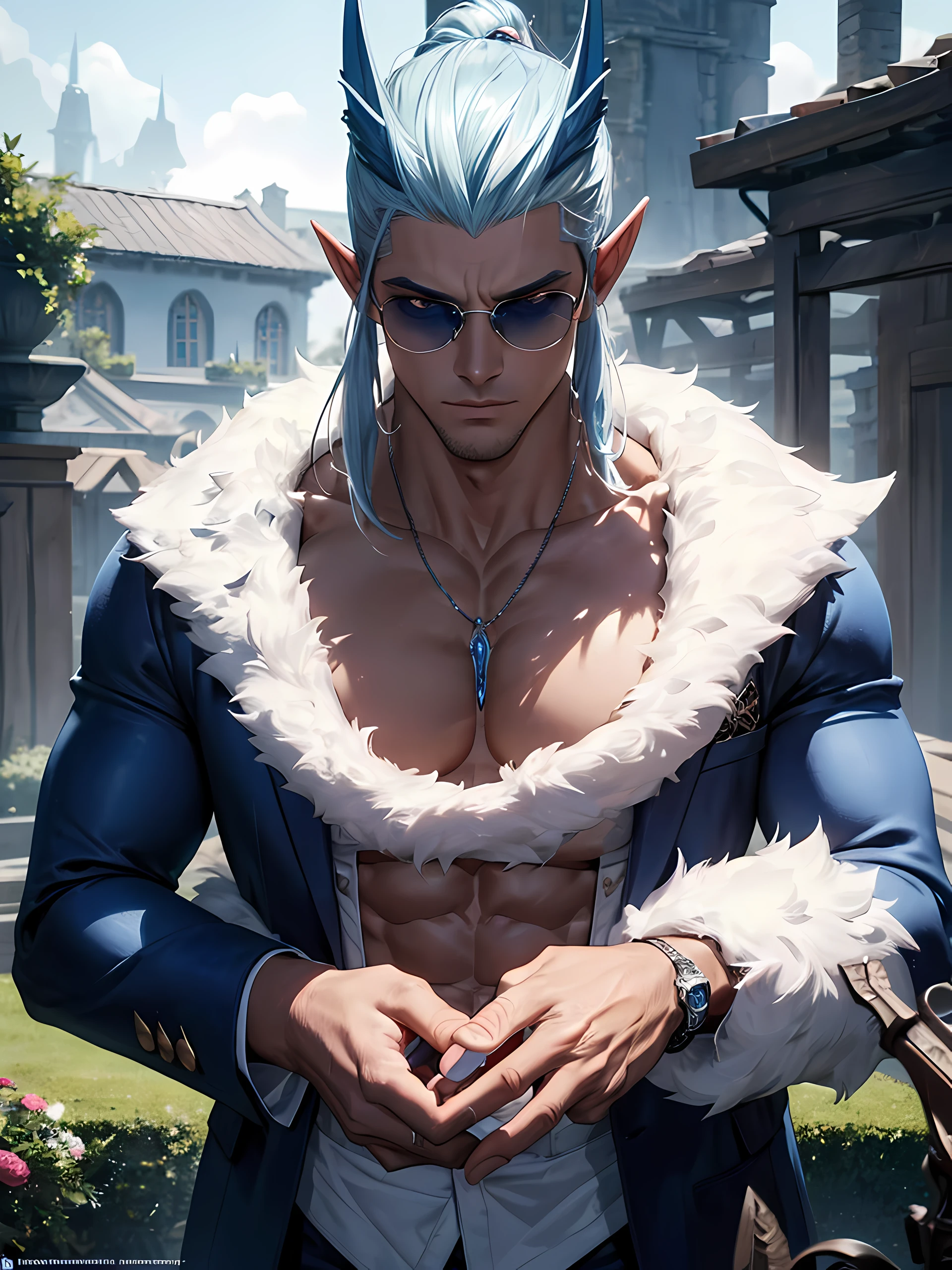 Top quality, Photorealistic, 8K, High Definition, Unity 8K wallpaper, high res, ultra sharp, masterpiece, ((masterpiece)), best quality, expressive eyes, perfect face, detailed face, detailed eyes, masterpiece, highly detailed exquisite character art, epic fantasy digital art style, detailed digital 3D fantasy art, ultra-realistic, detailed body, detailed pecs, there is a man in a blue suit and sunglasses standing in a yard, Muscular build, large Chest, he's an incubus, elven male, silvery skinned male elf, white shaved sides with a man bun, love eyes, long nails, dark fantasy, playful, seductive